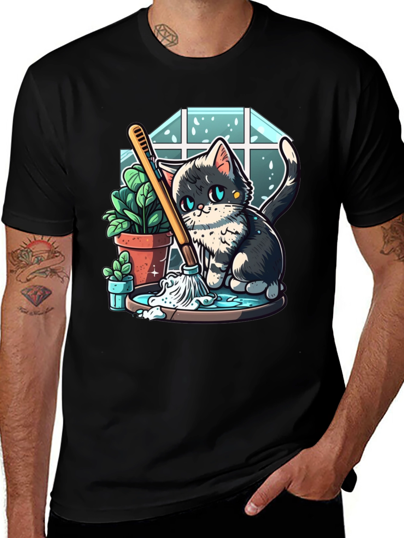 Cute Cartoon Cat Cleaning T-Shirt