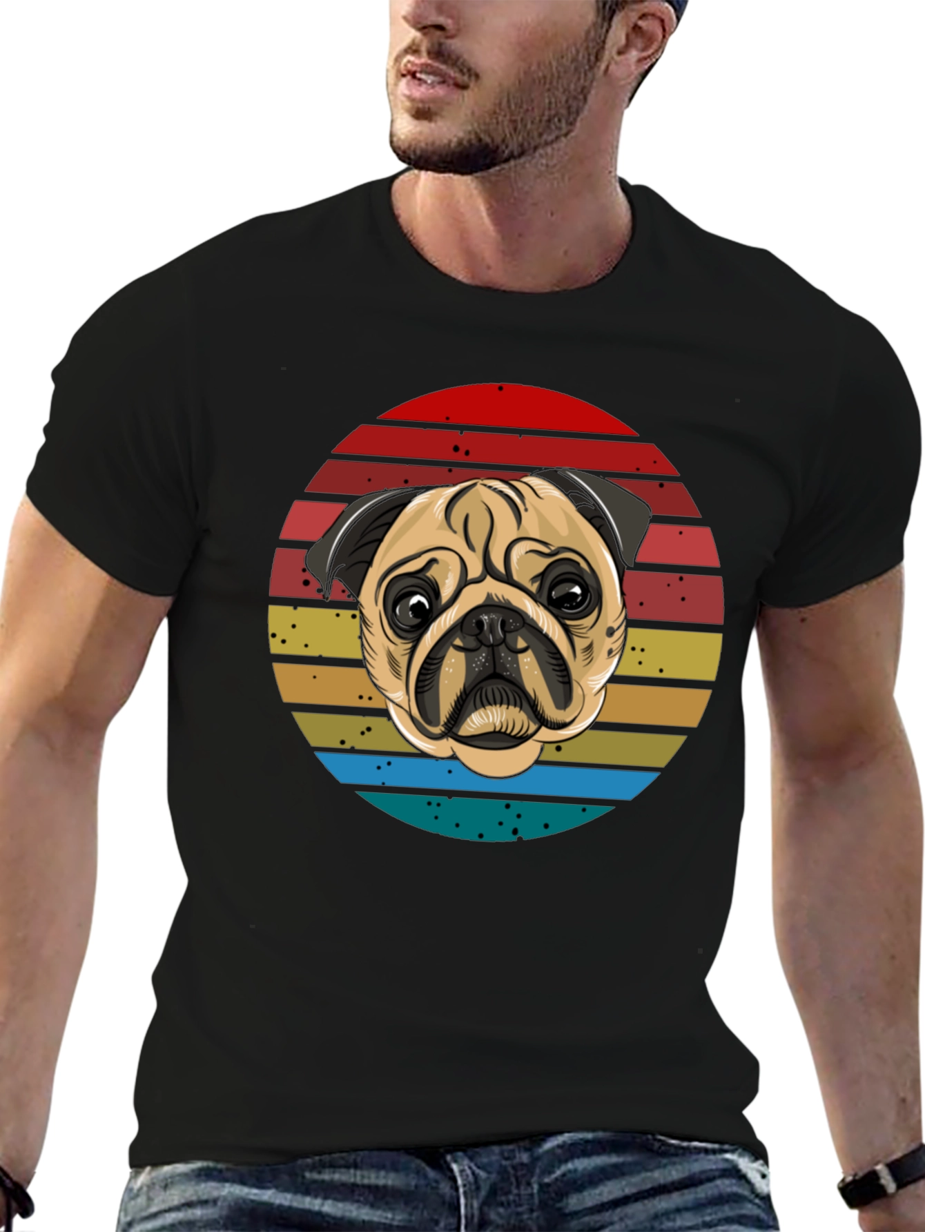Pug Retro T-Shirt Black Cotton Tee
