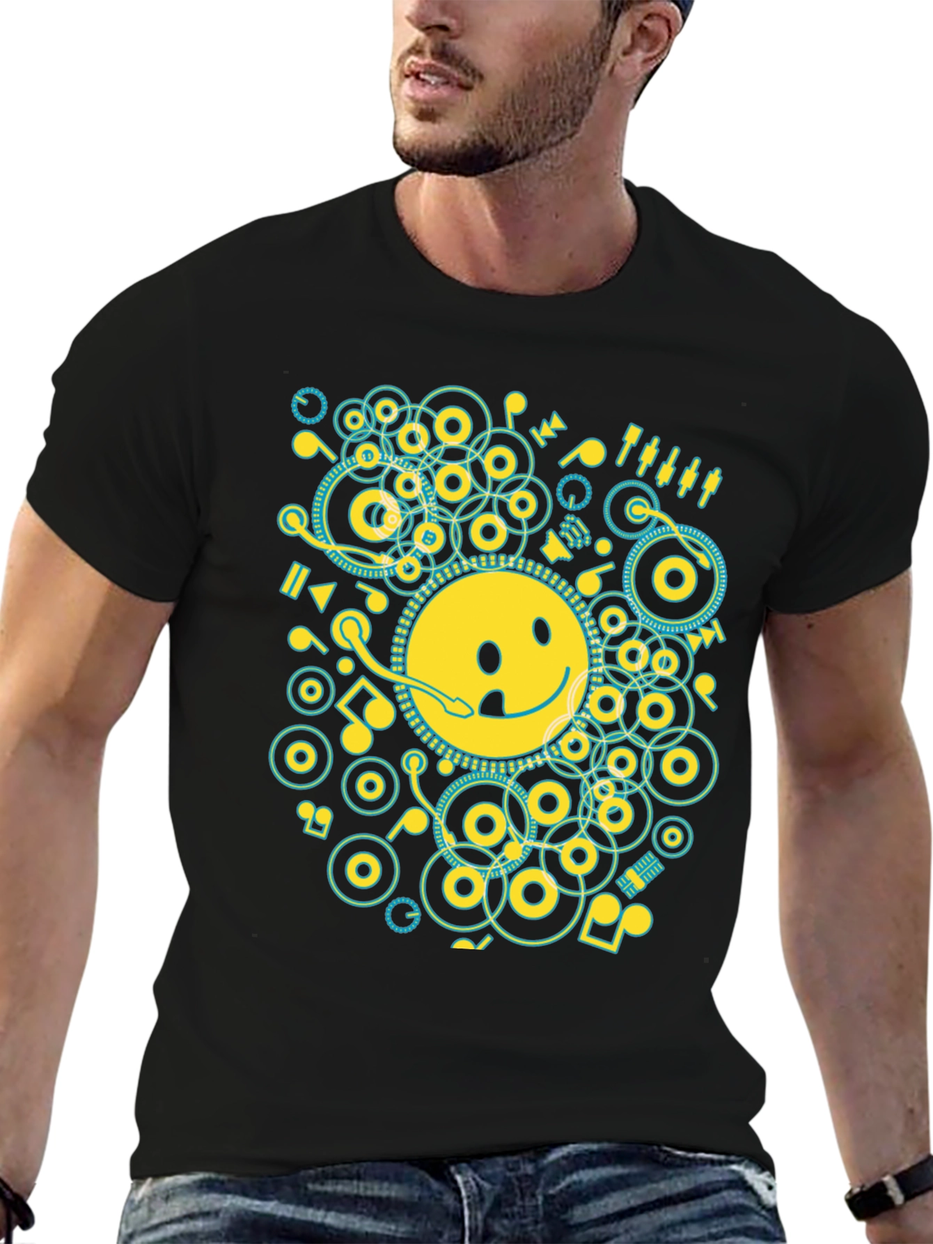 Smiley Face Music Graphic T-Shirt - Casual Black Tee