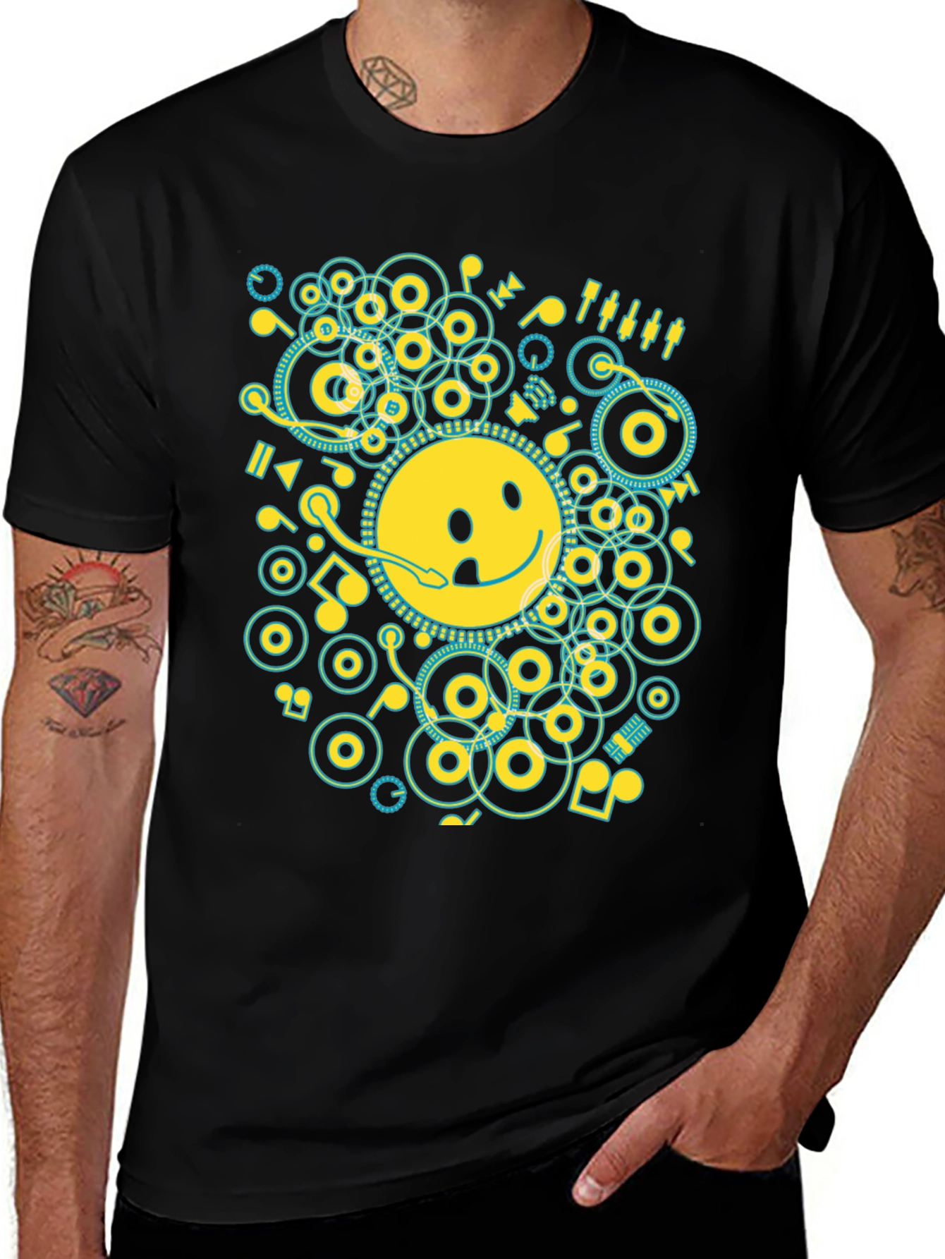 Smiley Face Music Graphic T-Shirt - Casual Black Tee