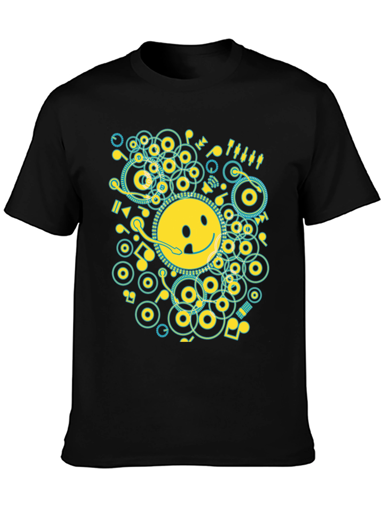 Smiley Face Music Graphic T-Shirt - Casual Black Tee