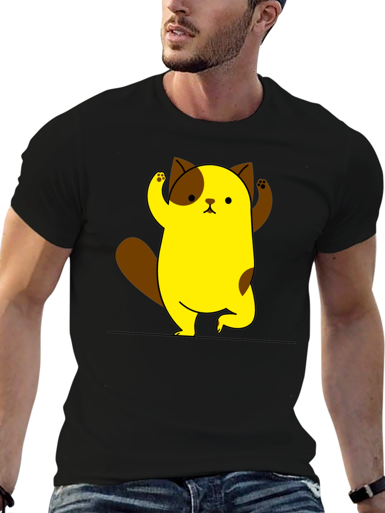 Cute Cartoon Cat Black T-Shirt