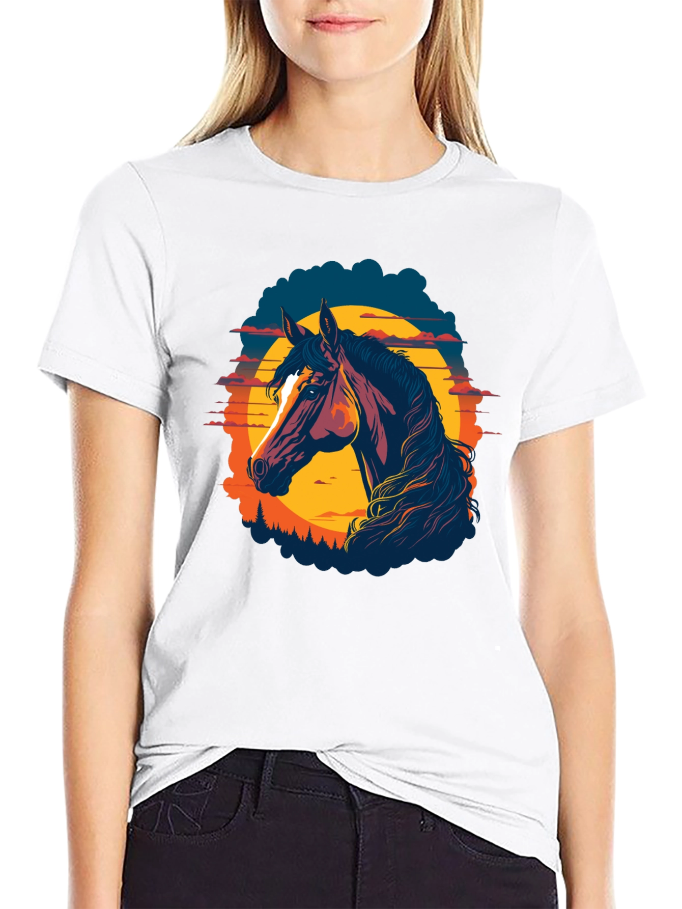 Horse Sunset Graphic Tee - Black Cotton Blend