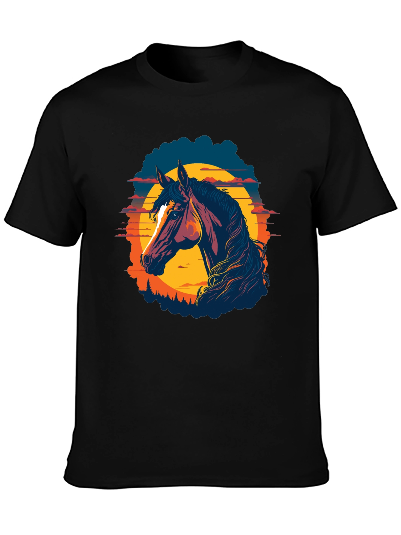 Horse Sunset Graphic Tee - Black Cotton Blend
