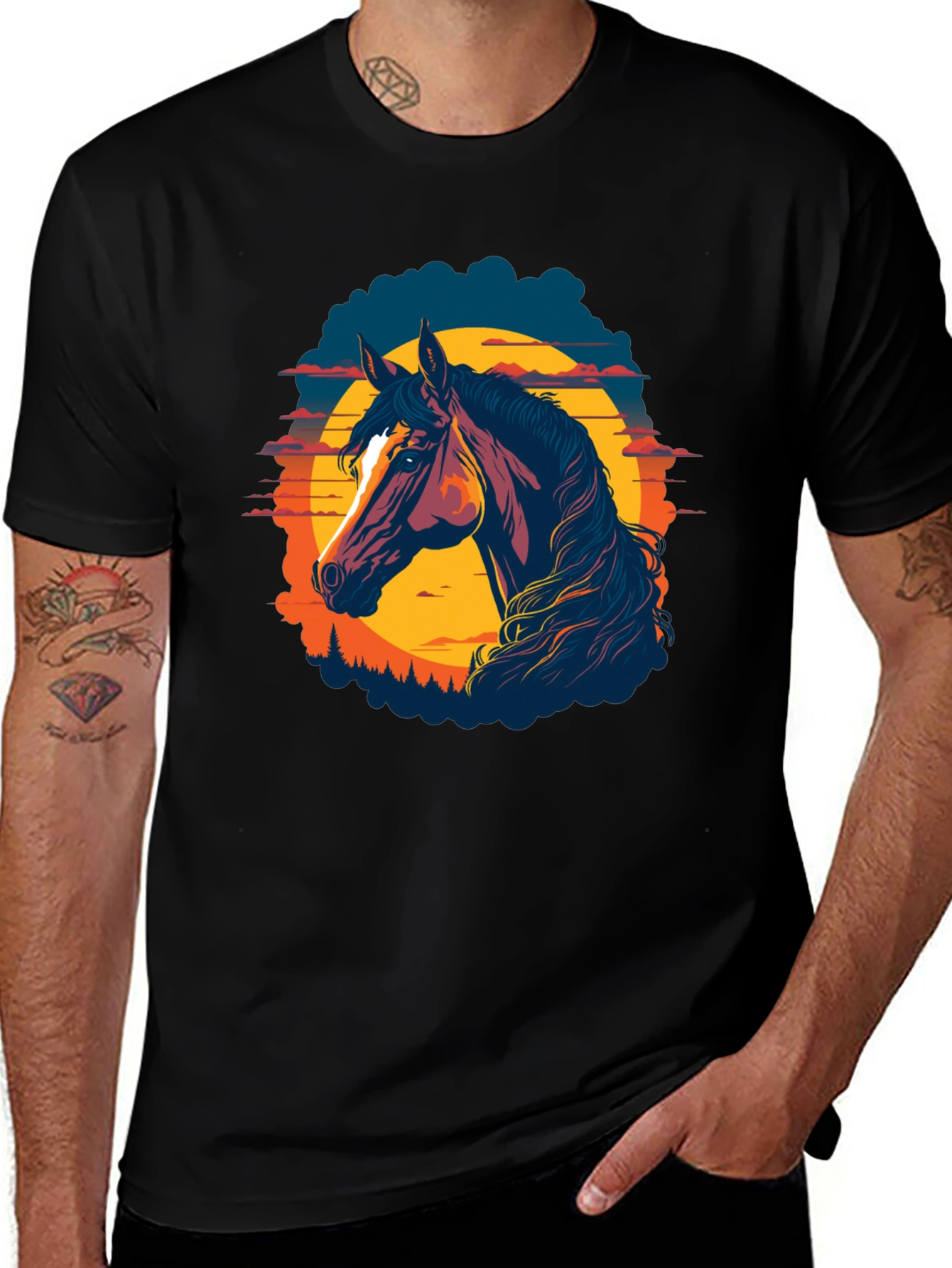 Horse Sunset Graphic Tee - Black Cotton Blend