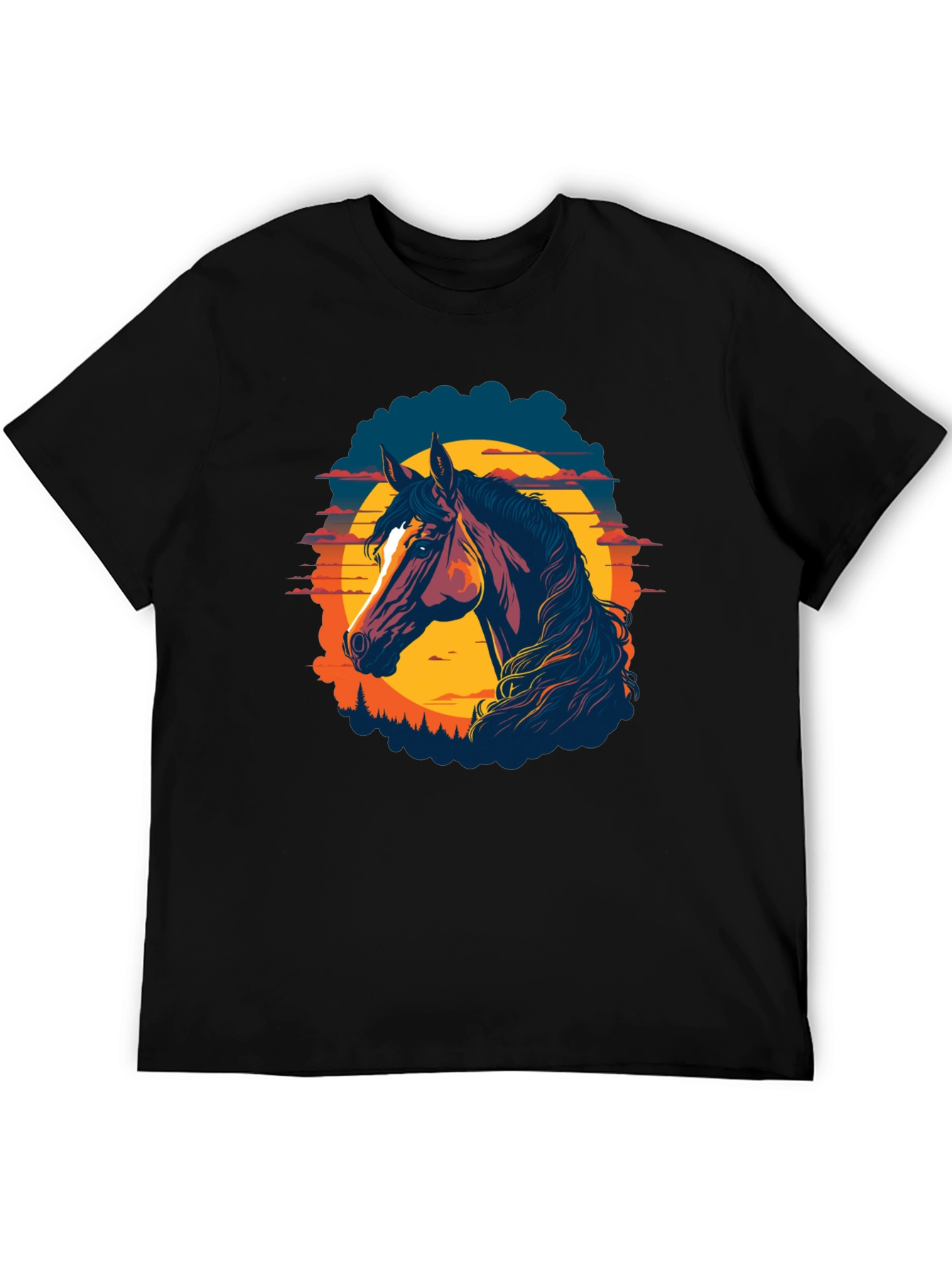 Horse Sunset Graphic Tee - Black Cotton Blend