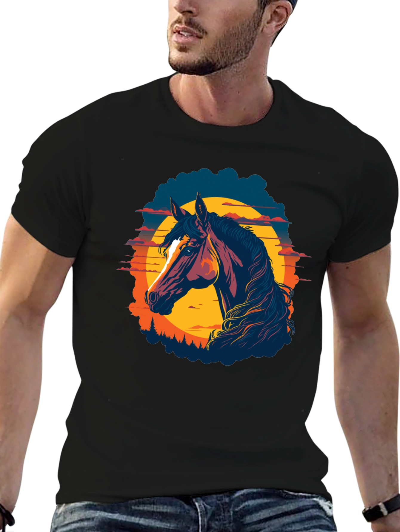 Horse Sunset Graphic Tee - Black Cotton Blend