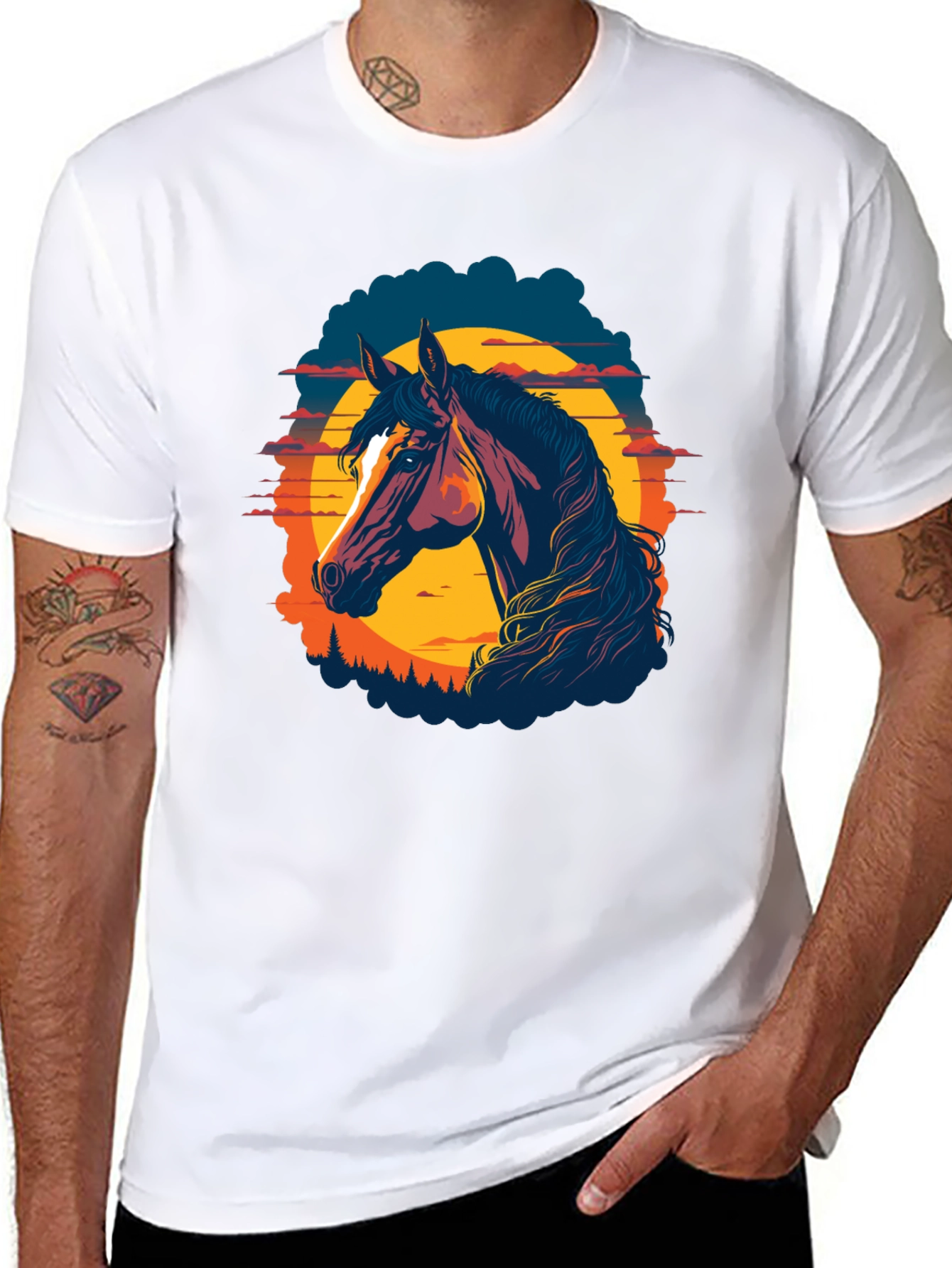 Horse Sunset Graphic Tee - Black Cotton Blend