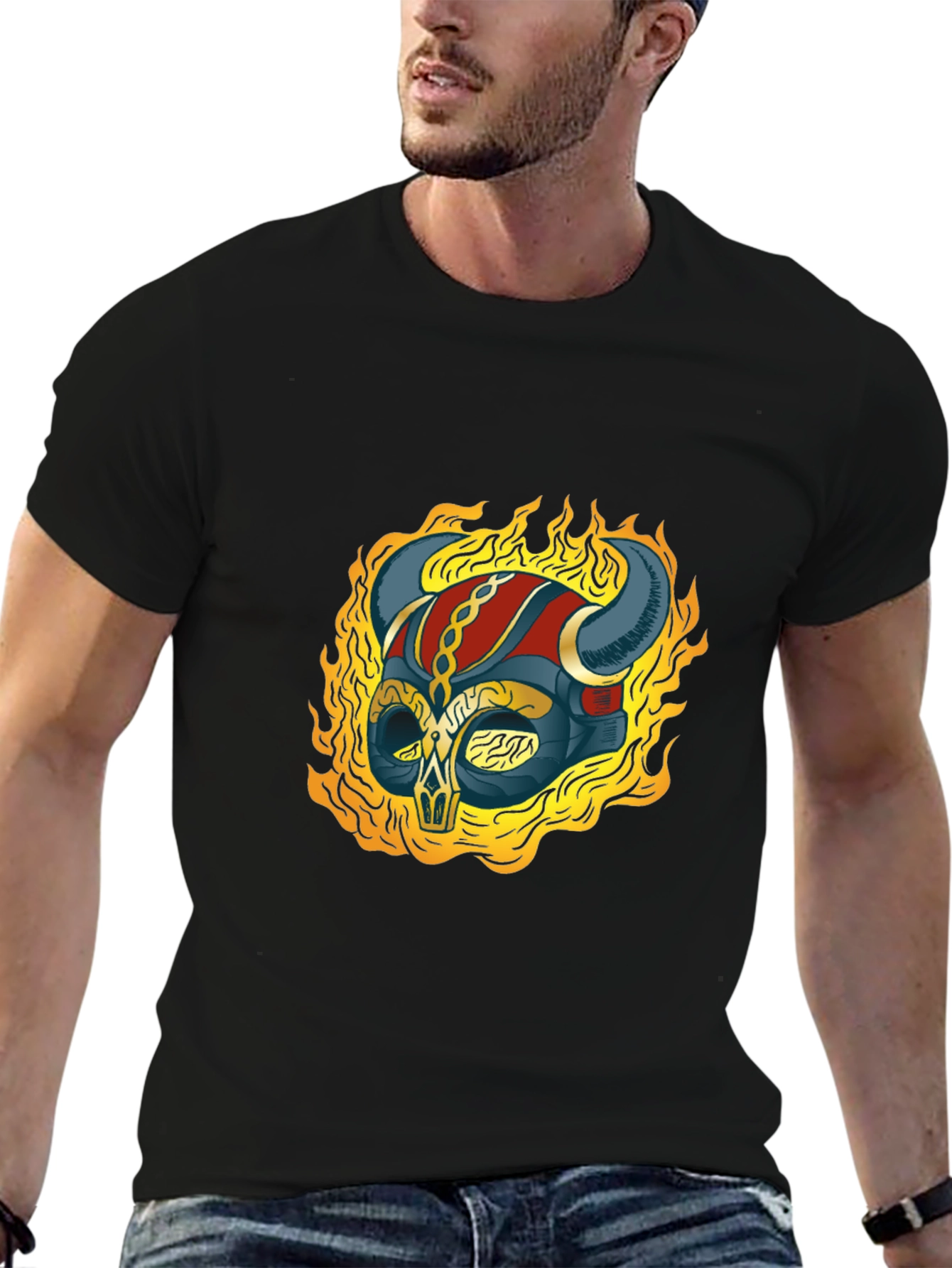 Flaming Viking Helmet Graphic Tee