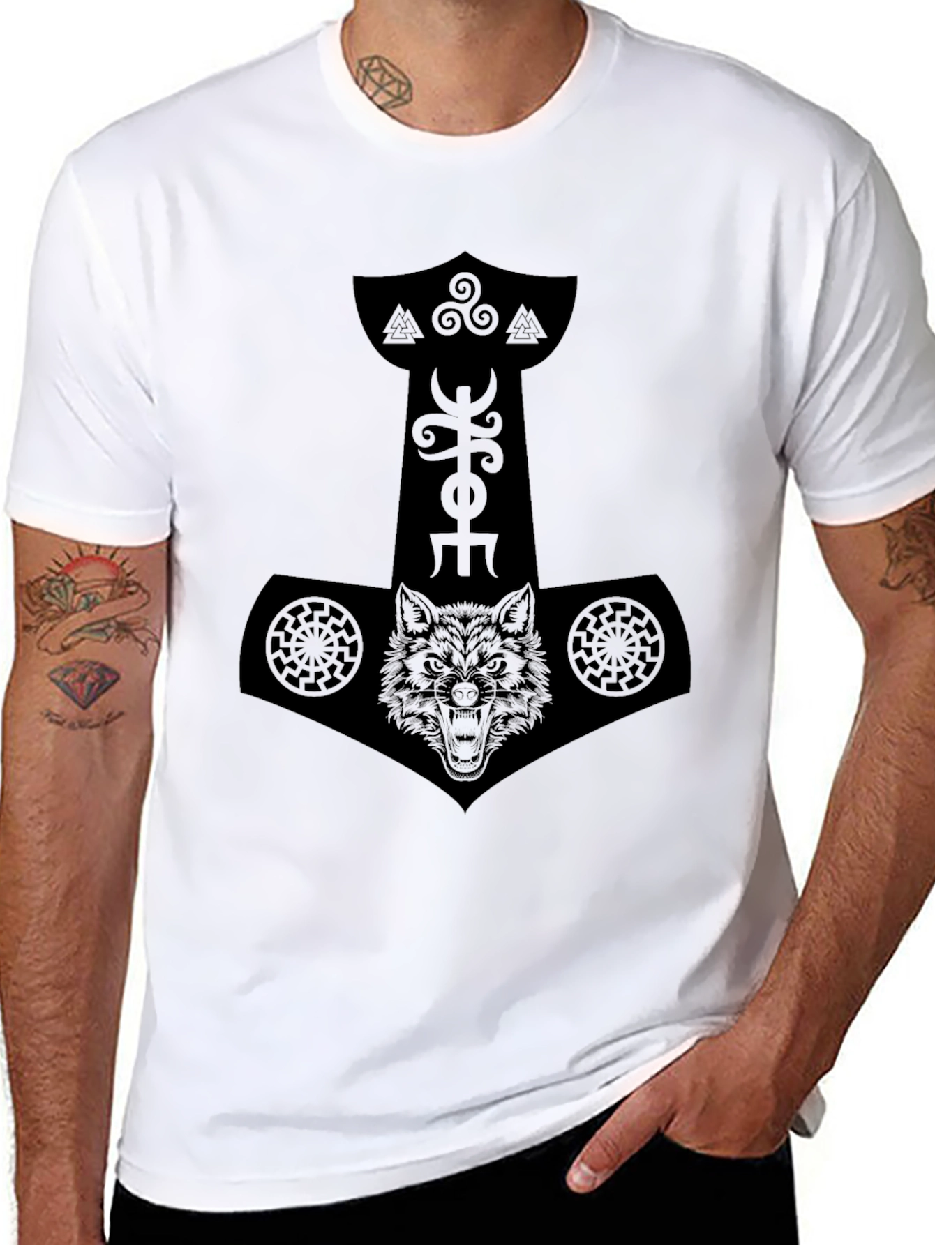 Black Norse Mythology Wolf Mjolnir Graphic Tee