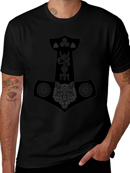 Black Norse Mythology Wolf Mjolnir Graphic Tee