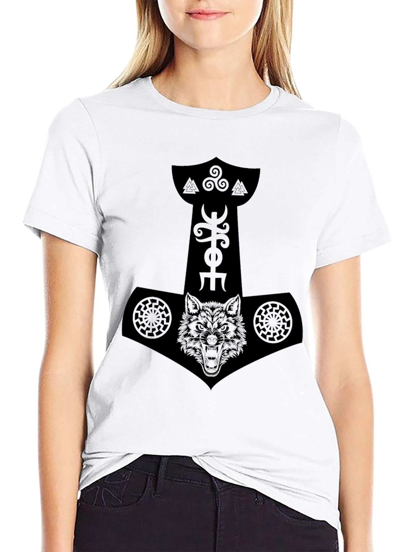 Black Norse Mythology Wolf Mjolnir Graphic Tee