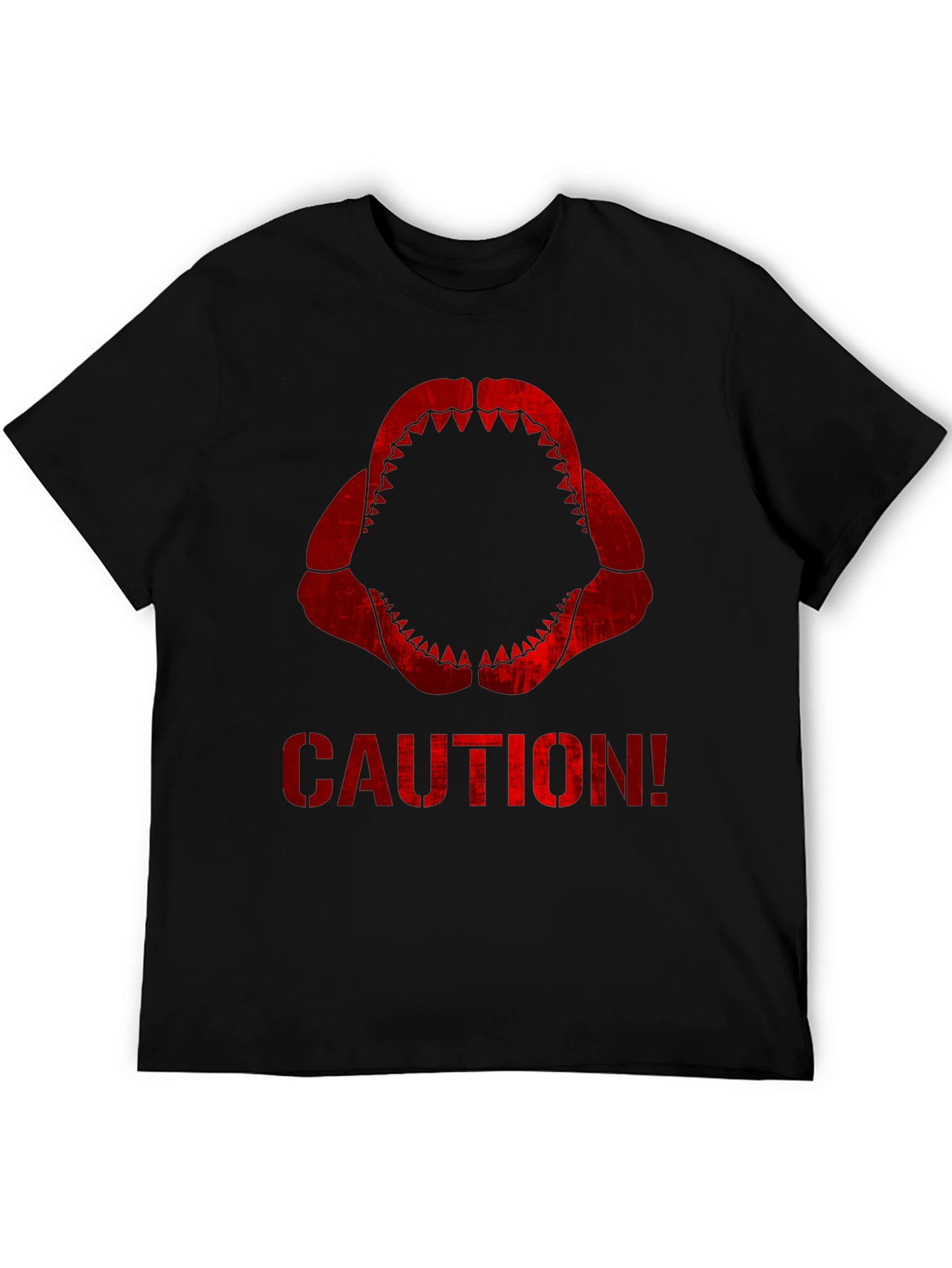 Caution Shark Teeth Graphic Tee - Black Cotton T-Shirt