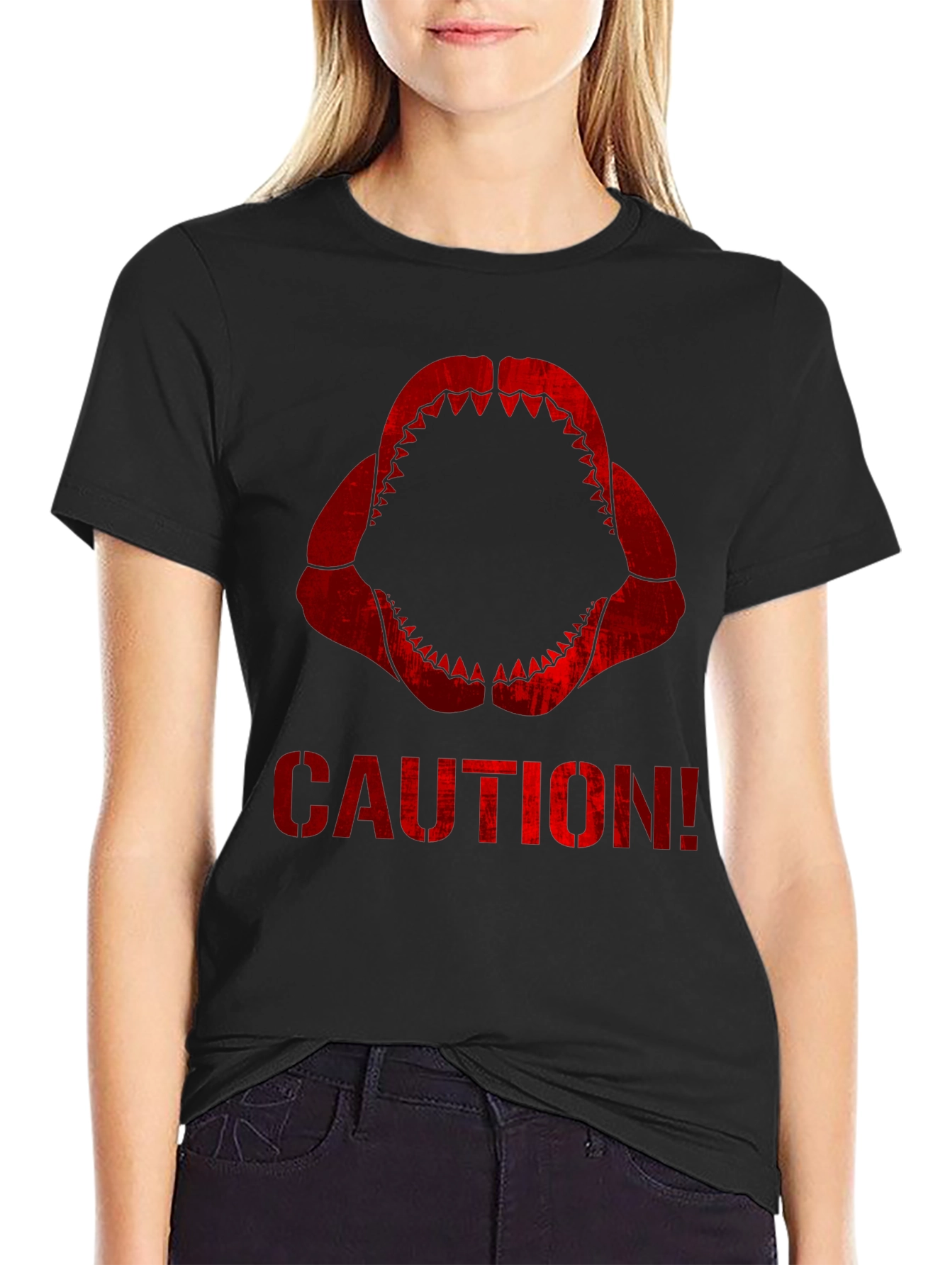 Caution Shark Teeth Graphic Tee - Black Cotton T-Shirt