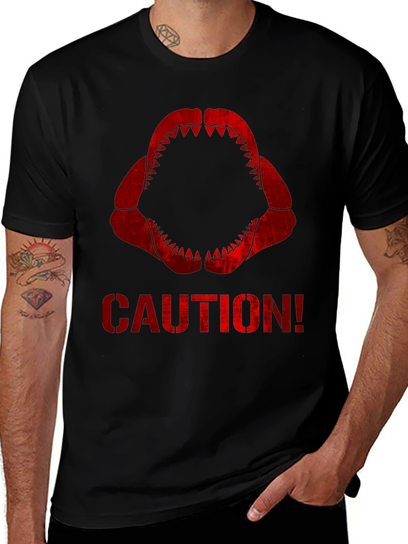 Caution Shark Teeth Graphic Tee - Black Cotton T-Shirt