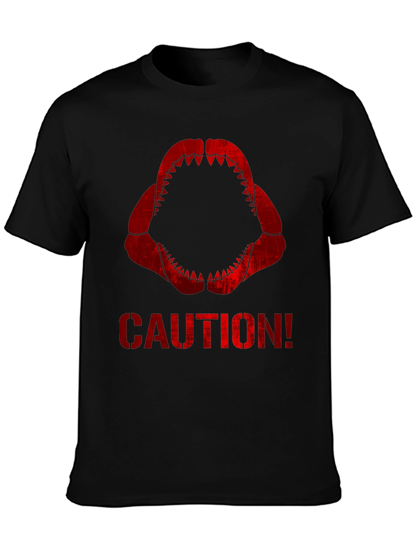 Caution Shark Teeth Graphic Tee - Black Cotton T-Shirt