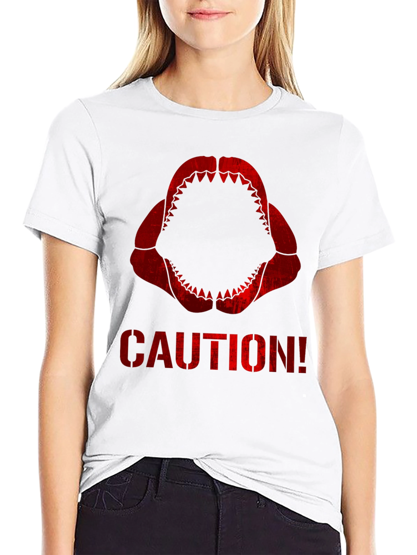 Caution Shark Teeth Graphic Tee - Black Cotton T-Shirt