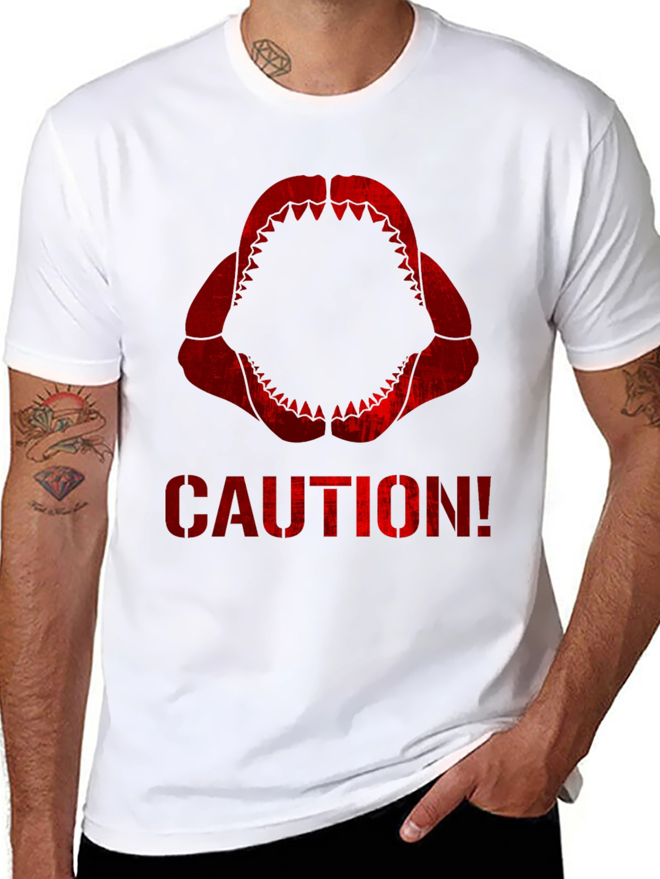 Caution Shark Teeth Graphic Tee - Black Cotton T-Shirt