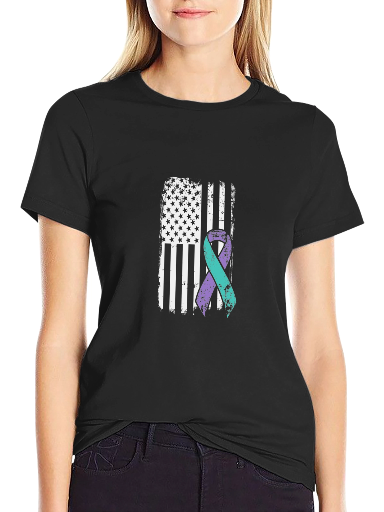Awareness Ribbon American Flag Graphic T-Shirt