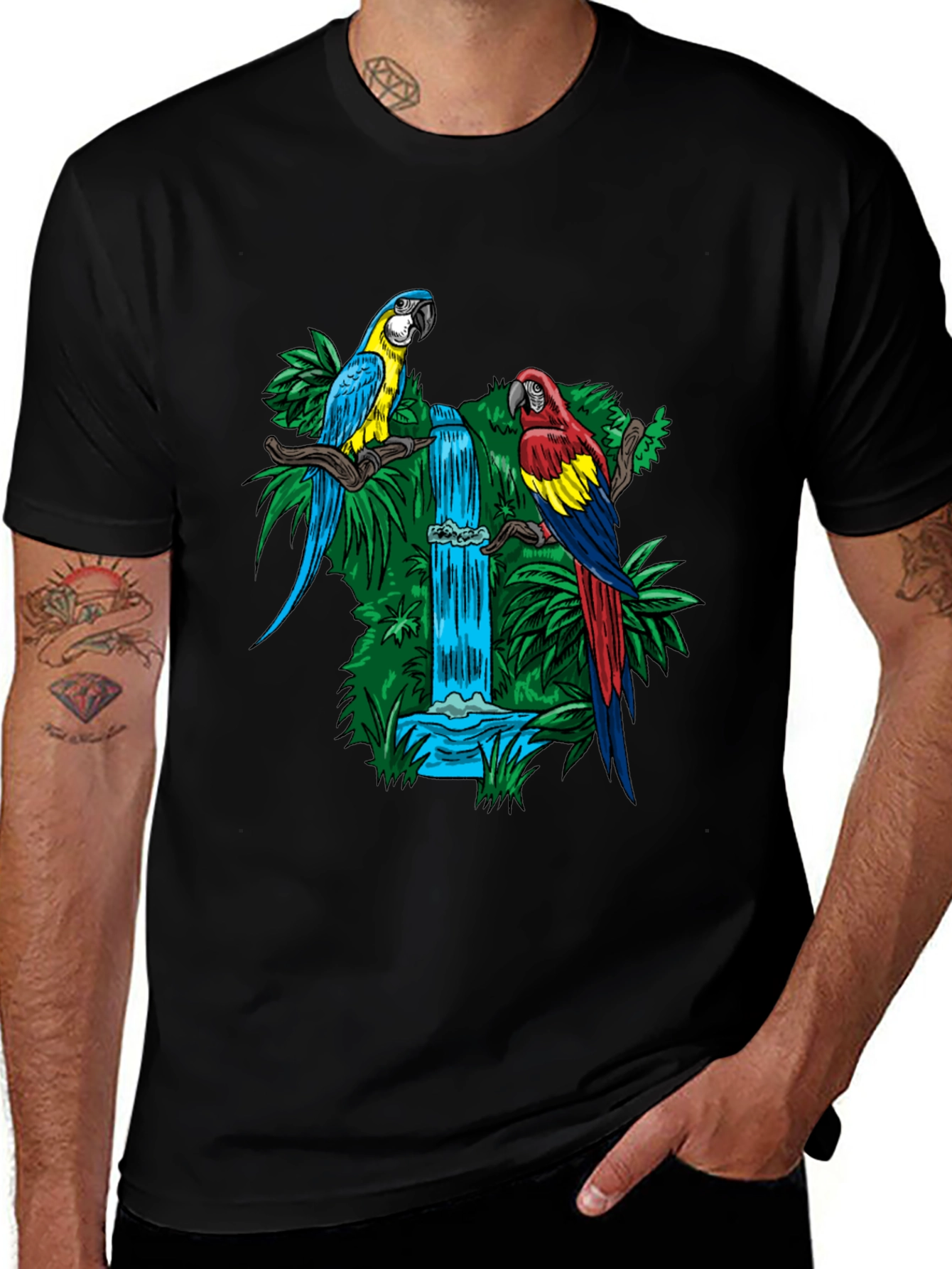 Tropical Parrot Waterfall Graphic Tee