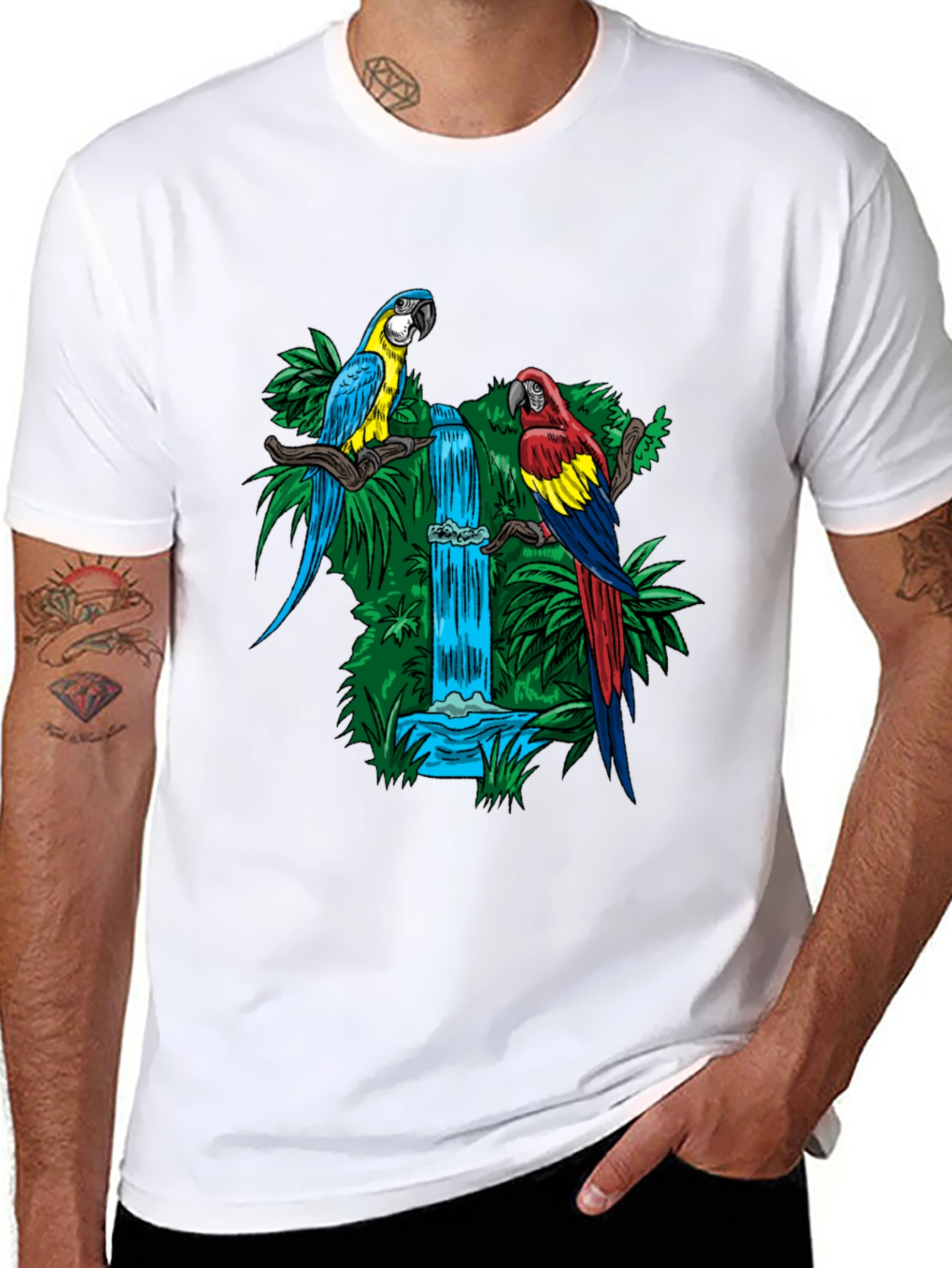 Tropical Parrot Waterfall Graphic Tee