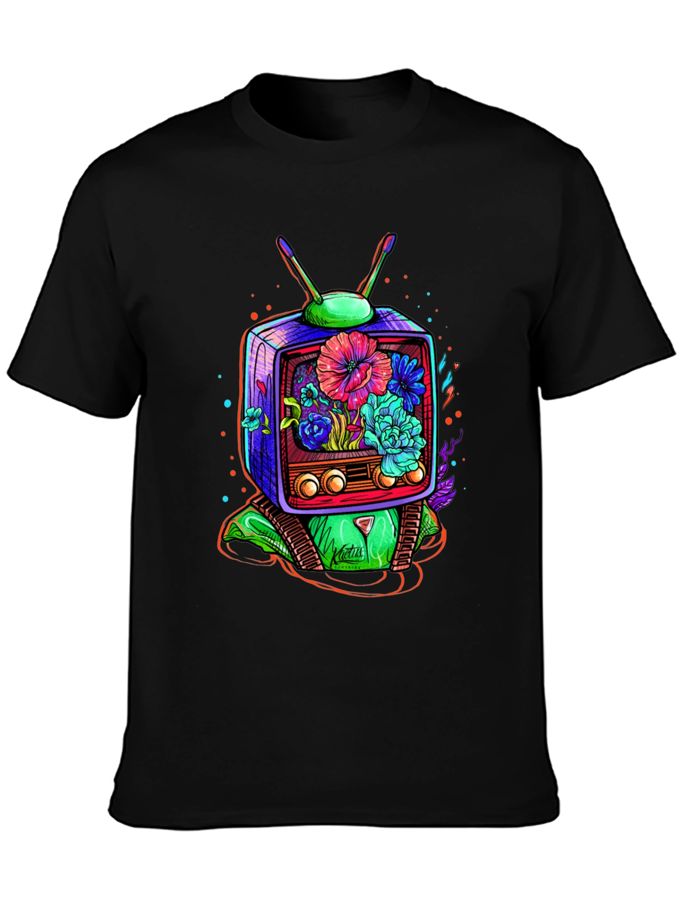 Retro TV Floral Graphic T-Shirt - Black