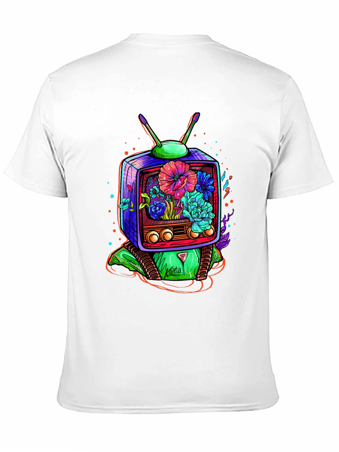 Retro TV Floral Graphic T-Shirt - Black