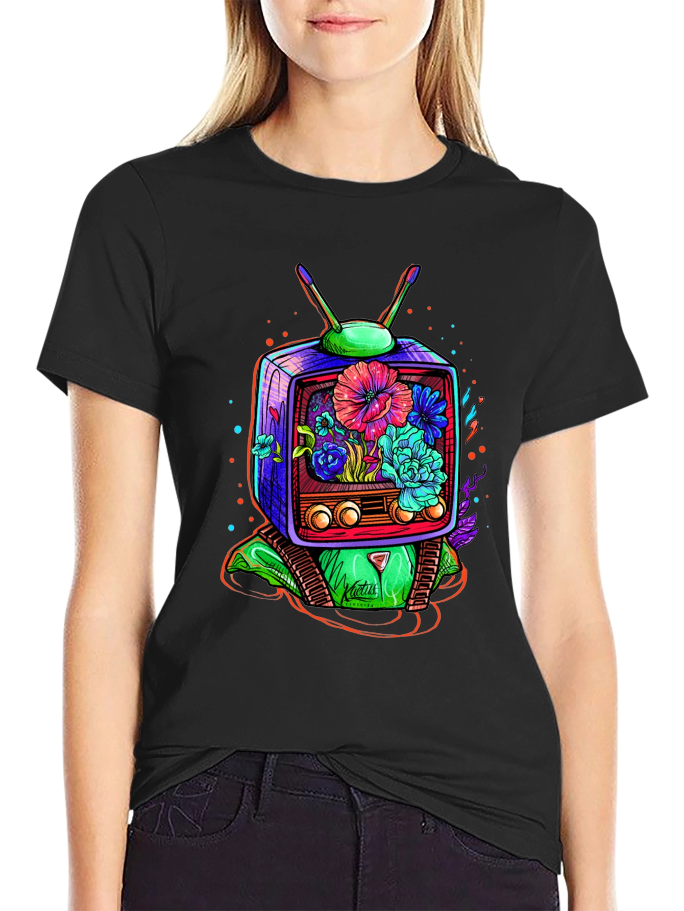 Retro TV Floral Graphic T-Shirt - Black