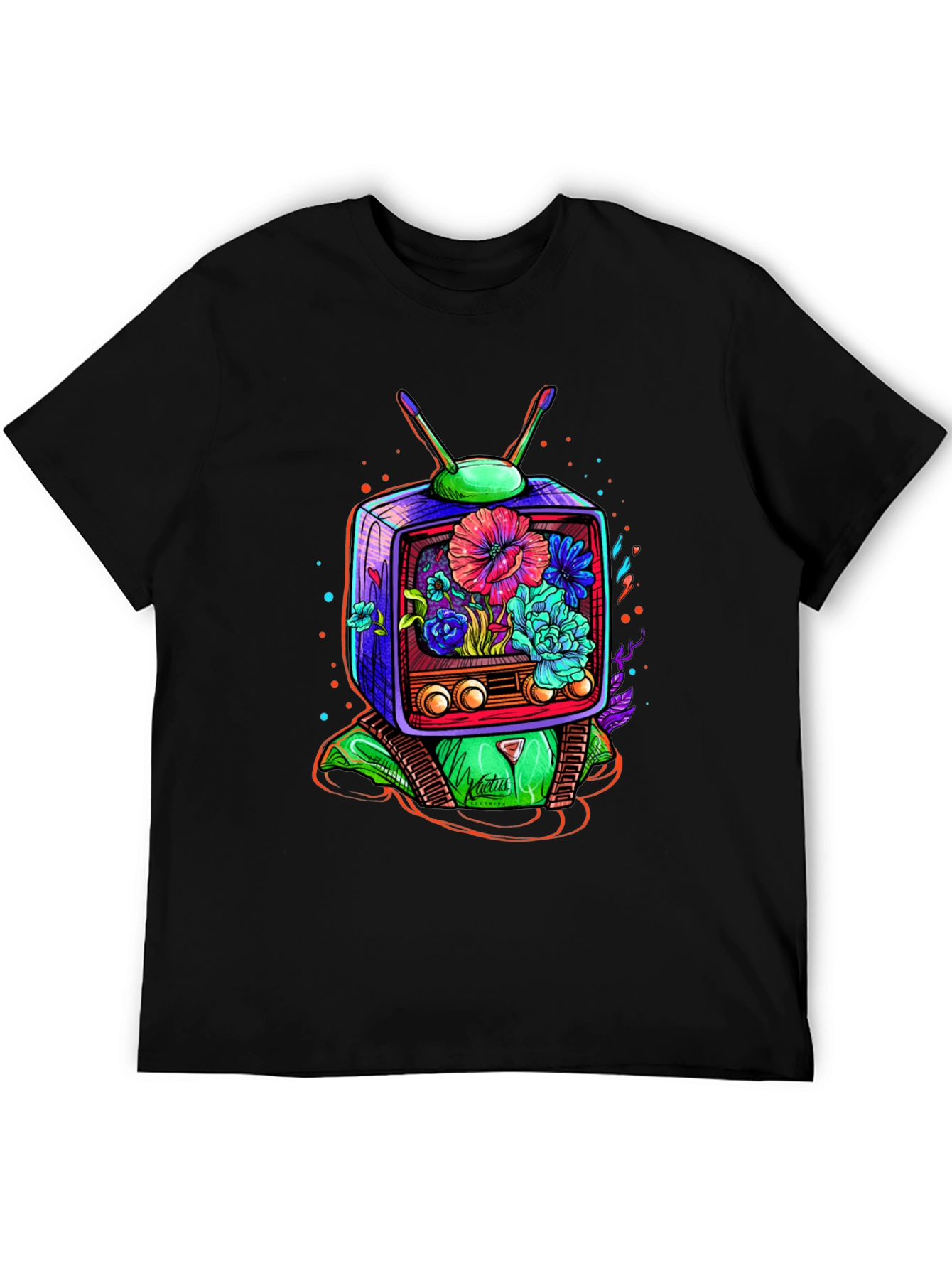 Retro TV Floral Graphic T-Shirt - Black