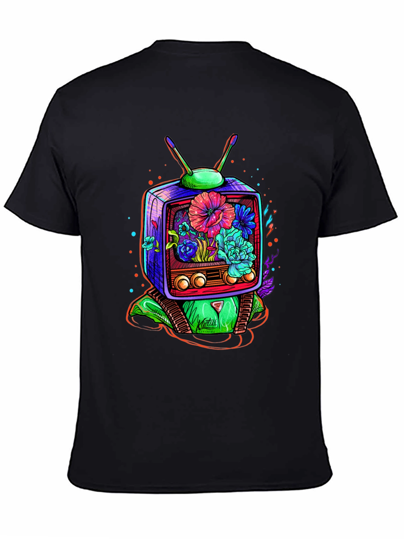 Retro TV Floral Graphic T-Shirt - Black