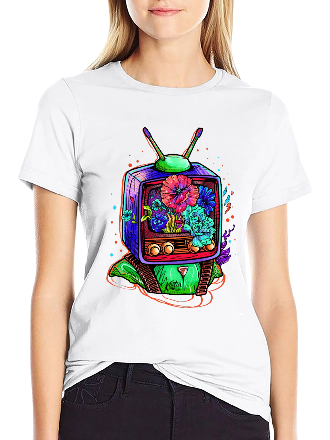 Retro TV Floral Graphic T-Shirt - Black
