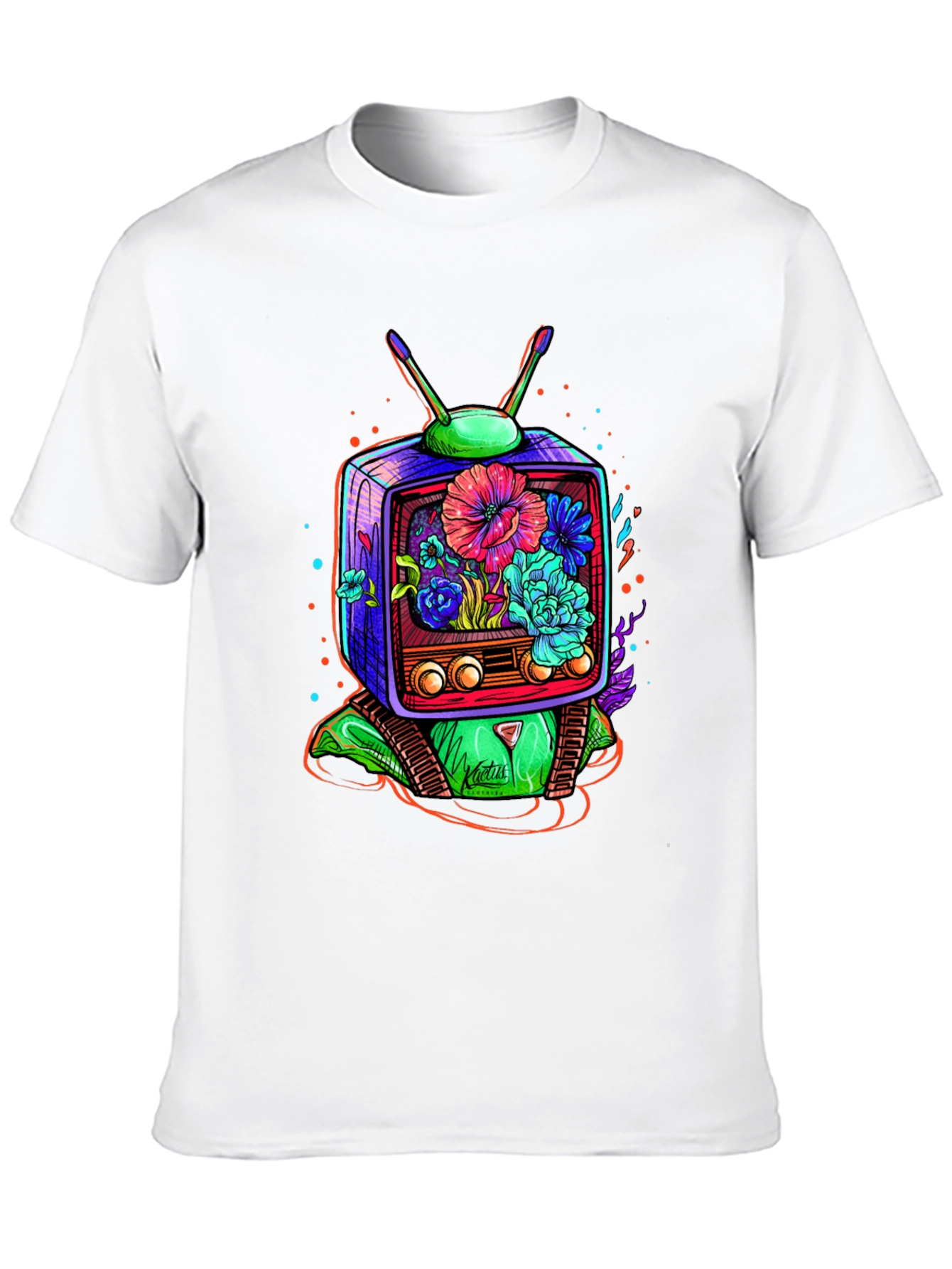 Retro TV Floral Graphic T-Shirt - Black
