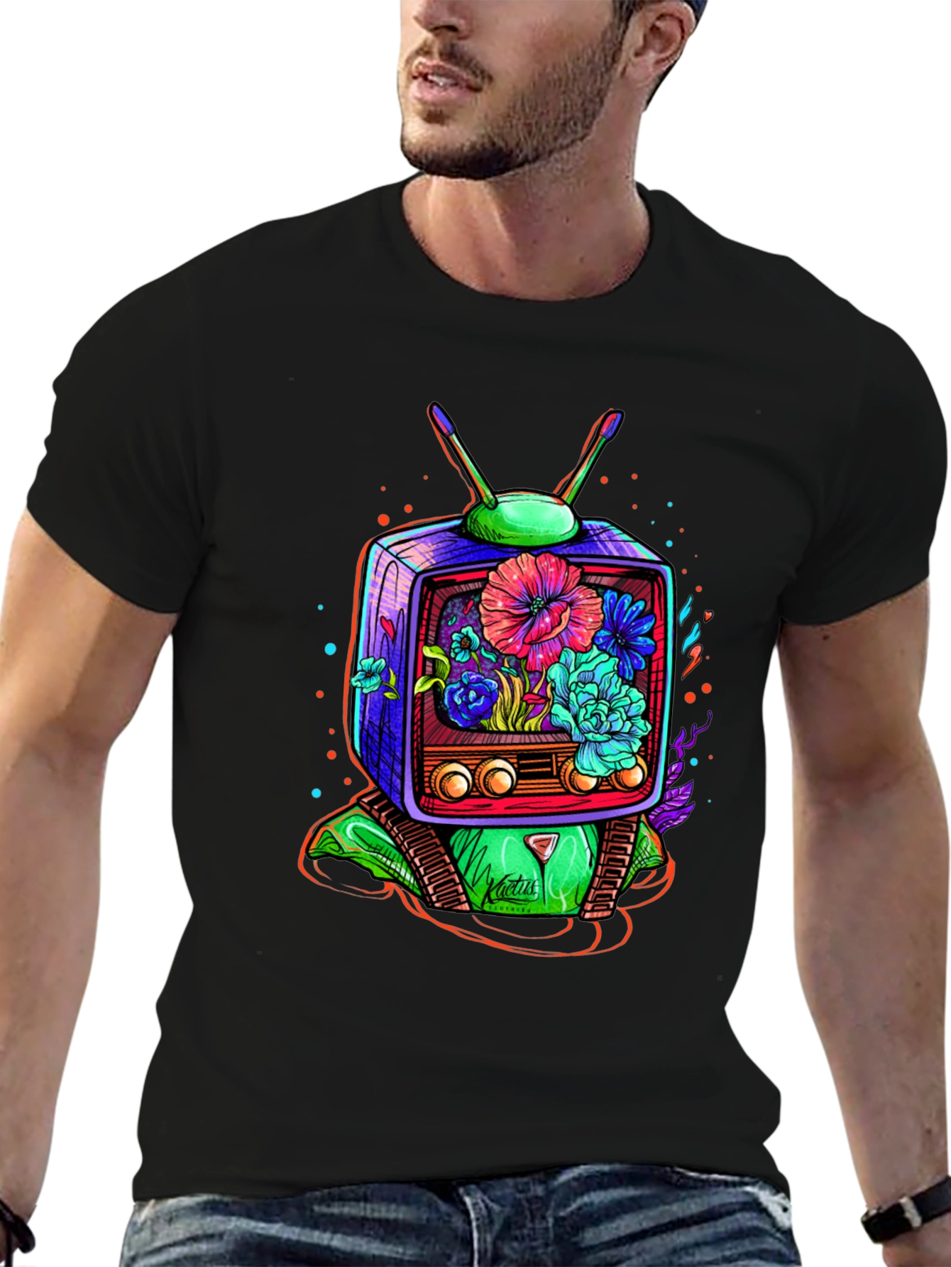 Retro TV Floral Graphic T-Shirt - Black