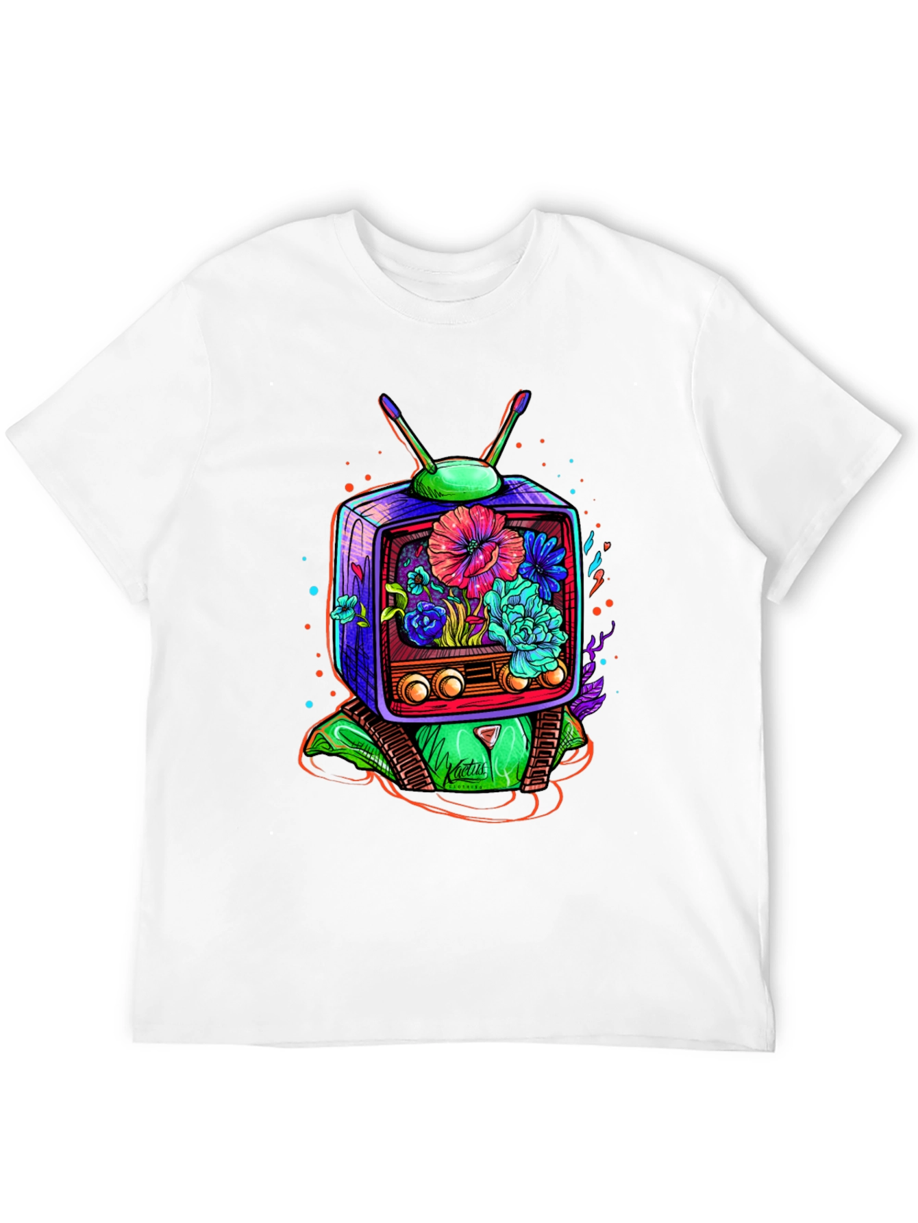 Retro TV Floral Graphic T-Shirt - Black