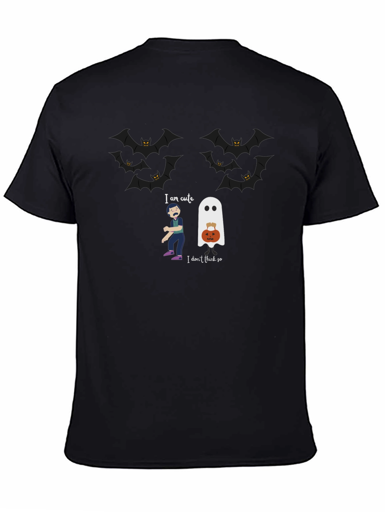 Halloween Ghost & Bats Graphic Black T-Shirt