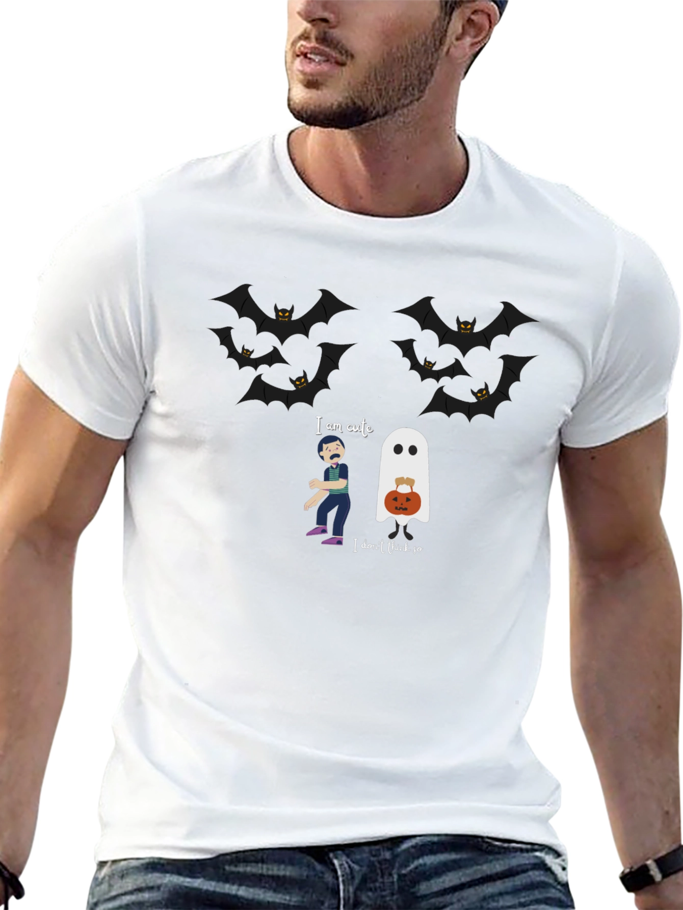 Halloween Ghost & Bats Graphic Black T-Shirt