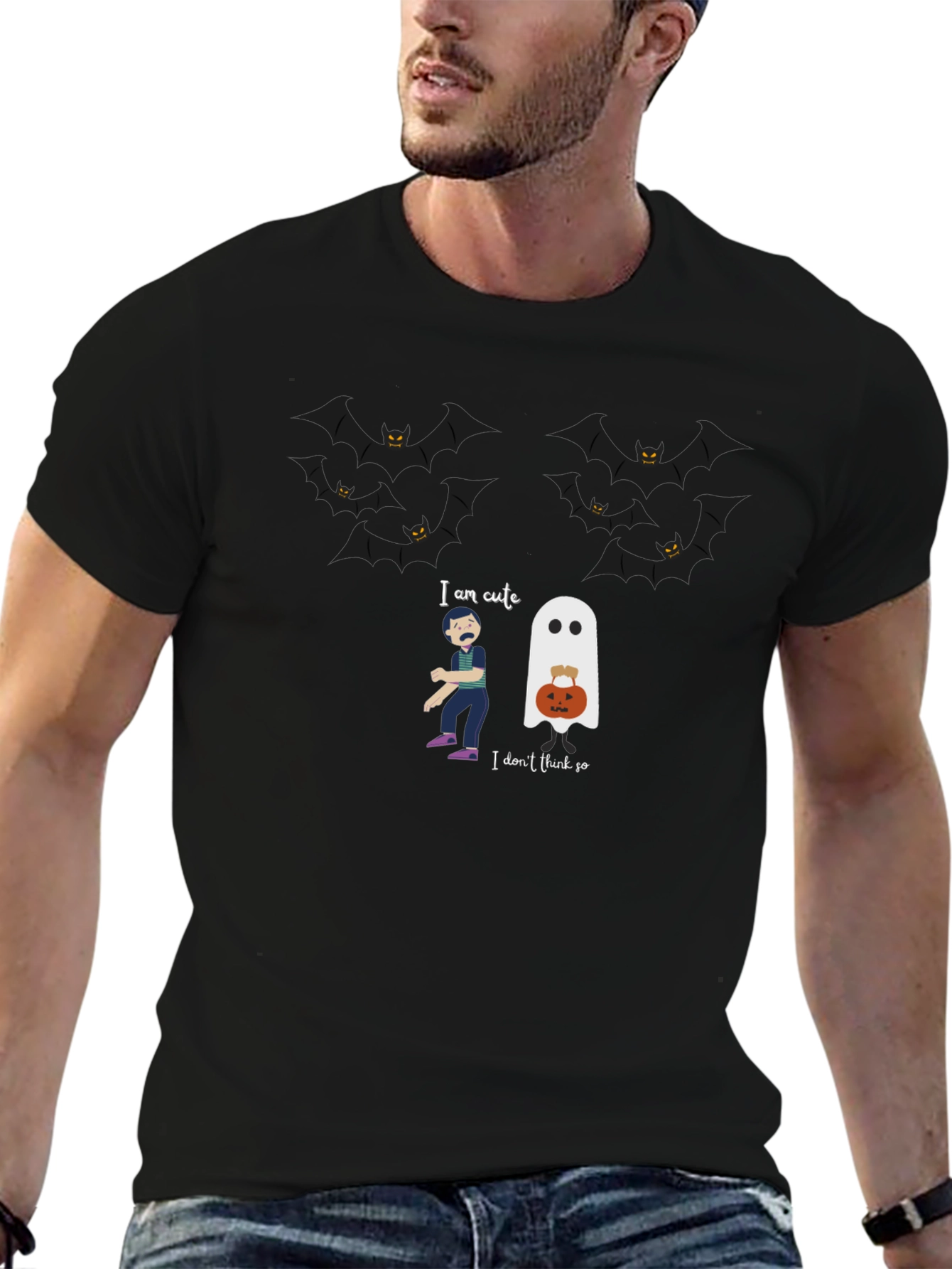 Halloween Ghost & Bats Graphic Black T-Shirt