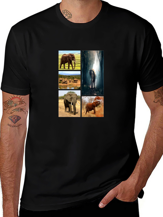 Elephant Collage Print Black T-Shirt