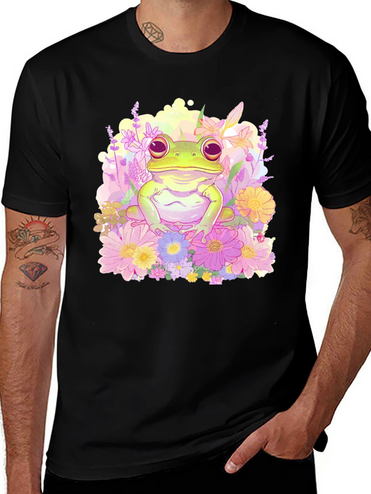 Floral Frog Graphic Tee - Black Cotton T-Shirt