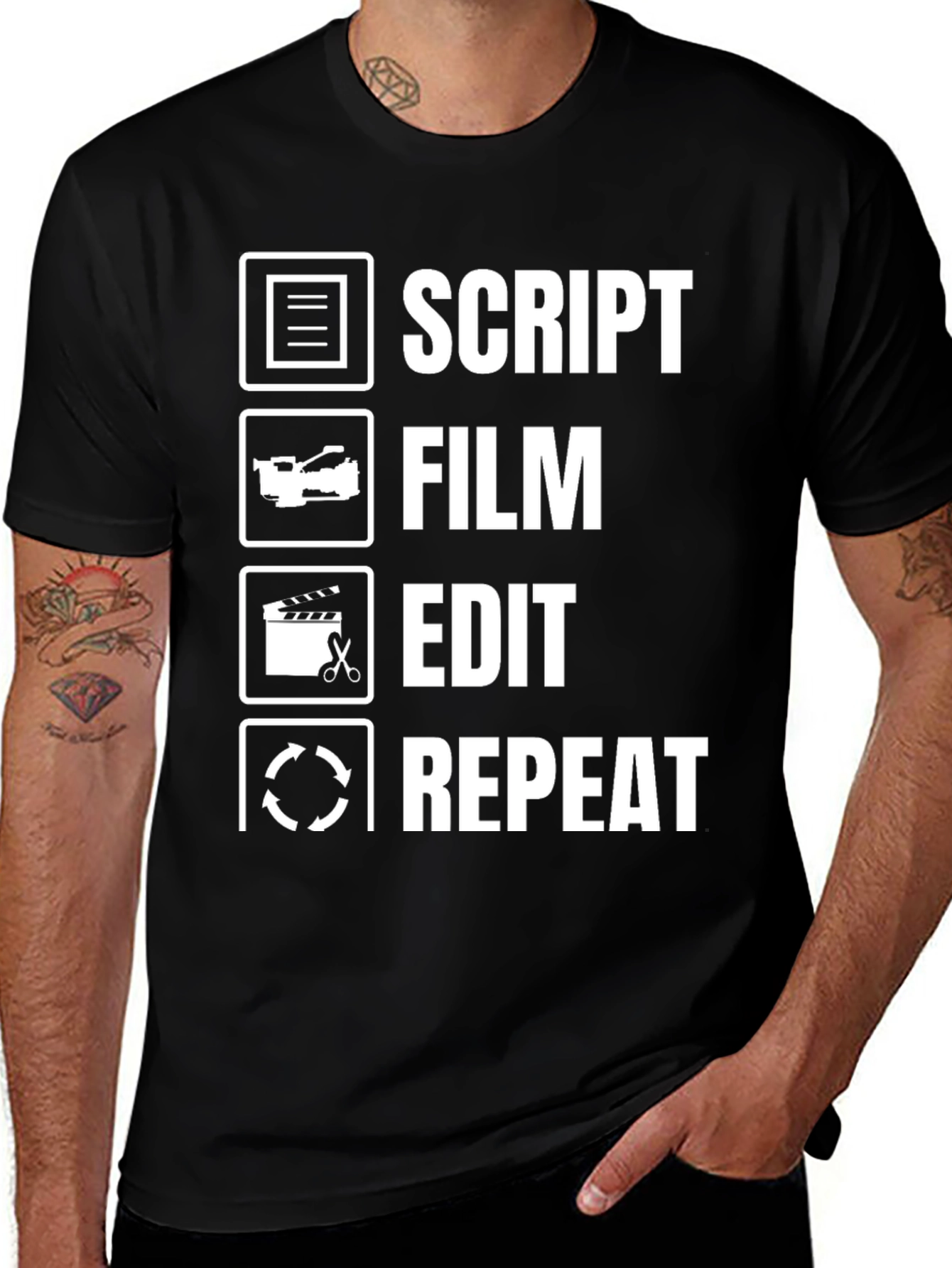 Script Film Edit Repeat Black Graphic Tee