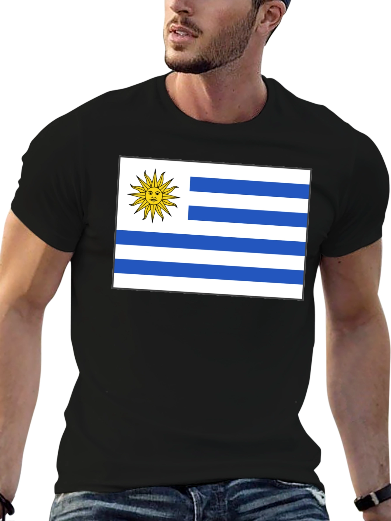 Uruguay Flag Graphic Tee - Black Cotton T-Shirt