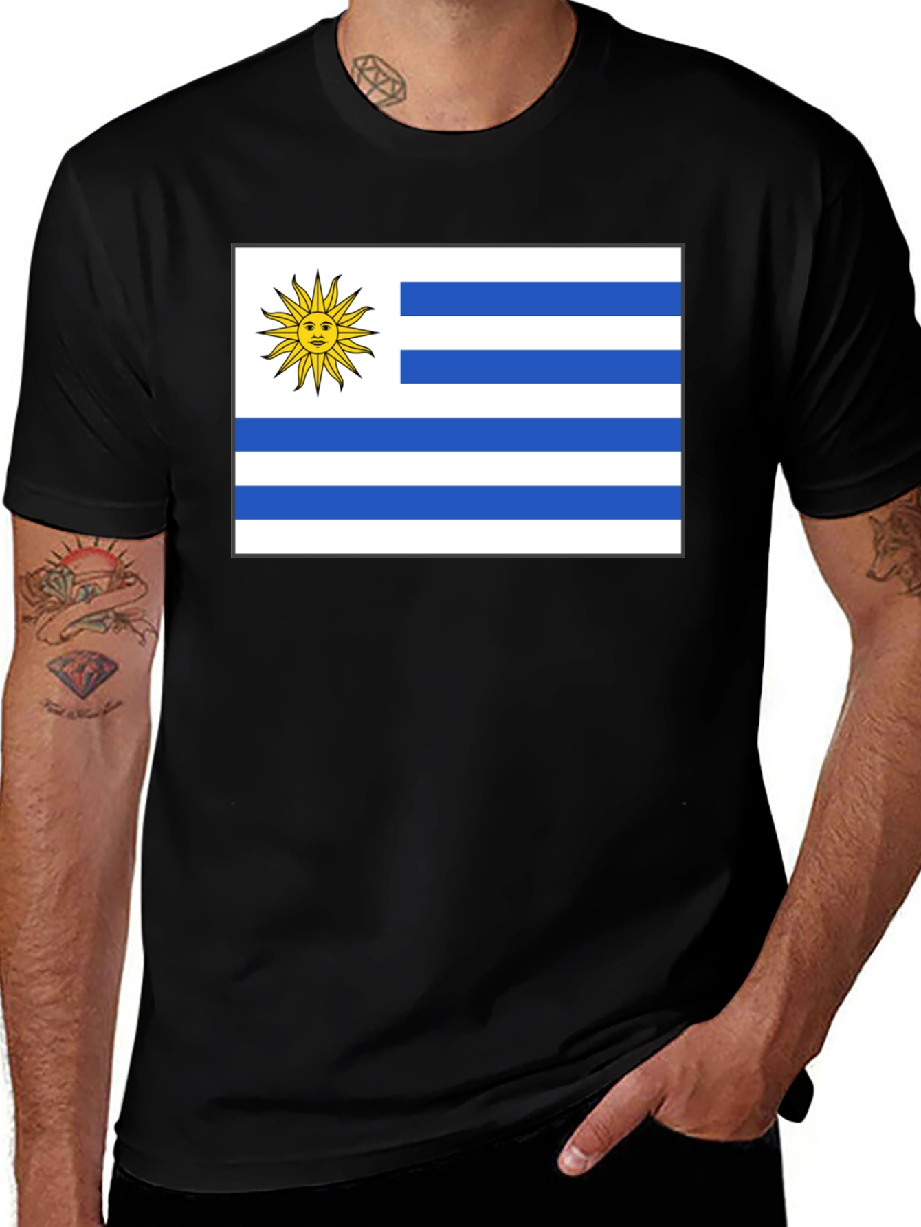 Uruguay Flag Graphic Tee - Black Cotton T-Shirt