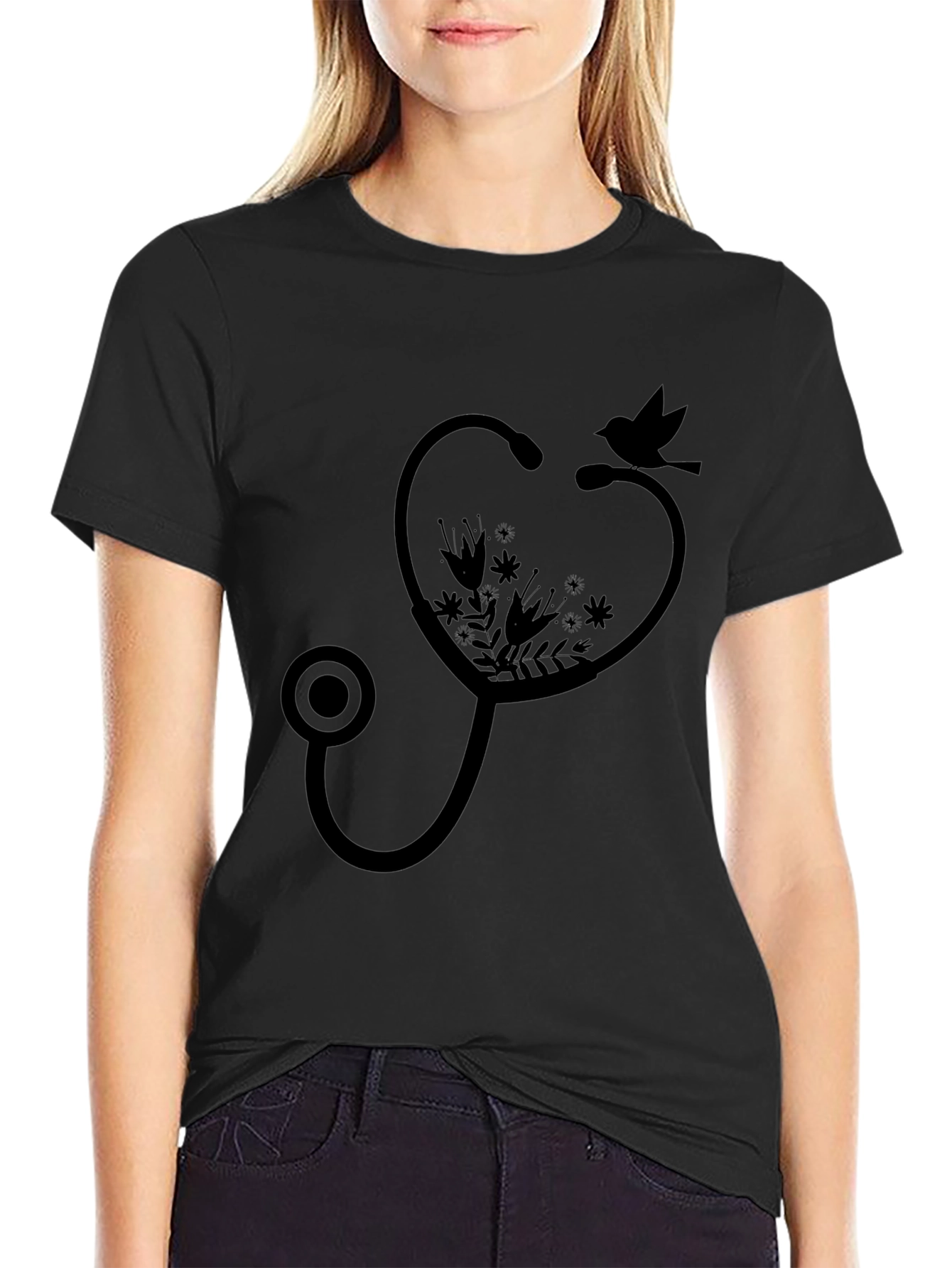 Floral Stethoscope Bird Graphic Tee