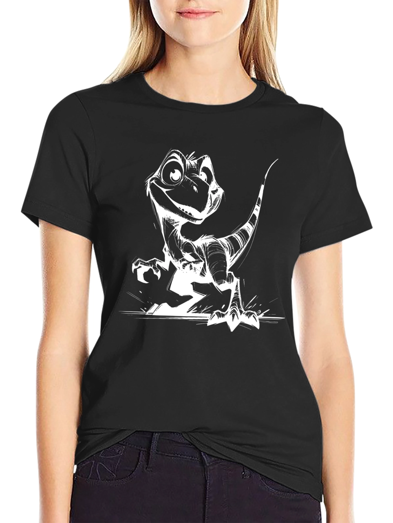 Dino Cartoon Graphic Tee - Black Casual T-Shirt