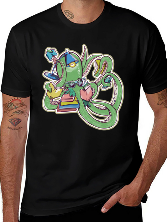 Bookworm Octopus Graphic Tee - Black Cotton T-Shirt