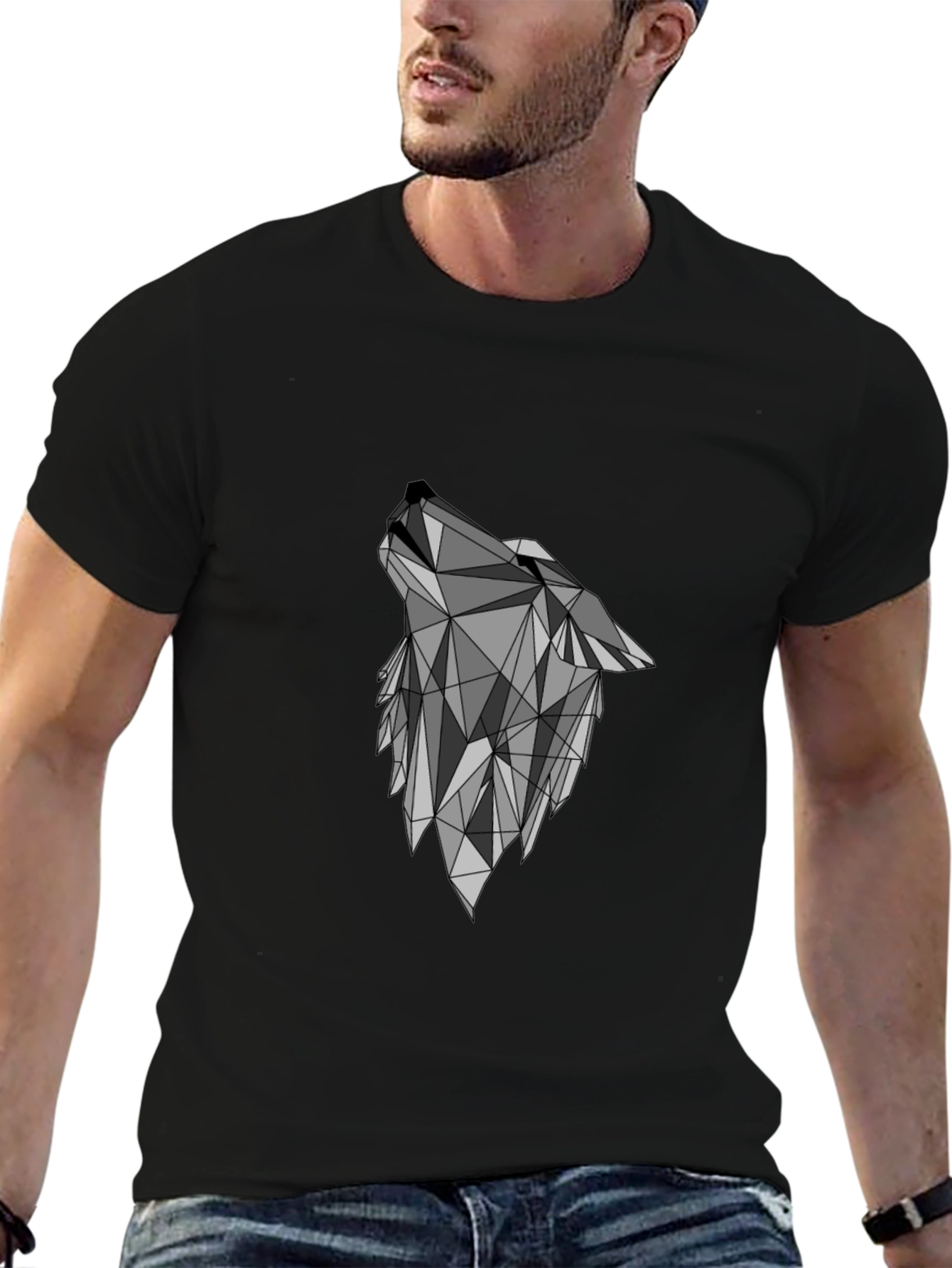 Geometric Wolf Graphic Black T-Shirt