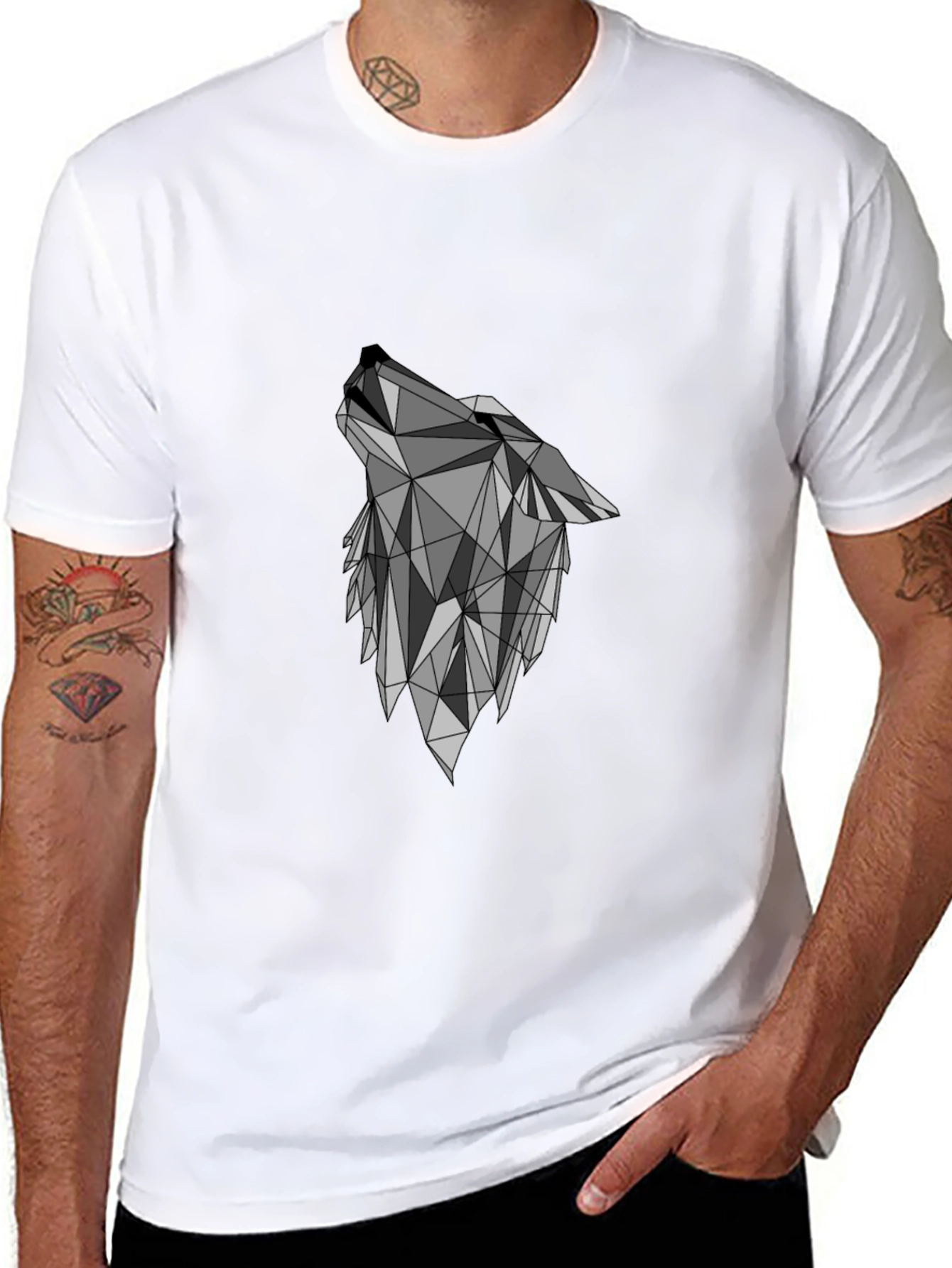 Geometric Wolf Graphic Black T-Shirt