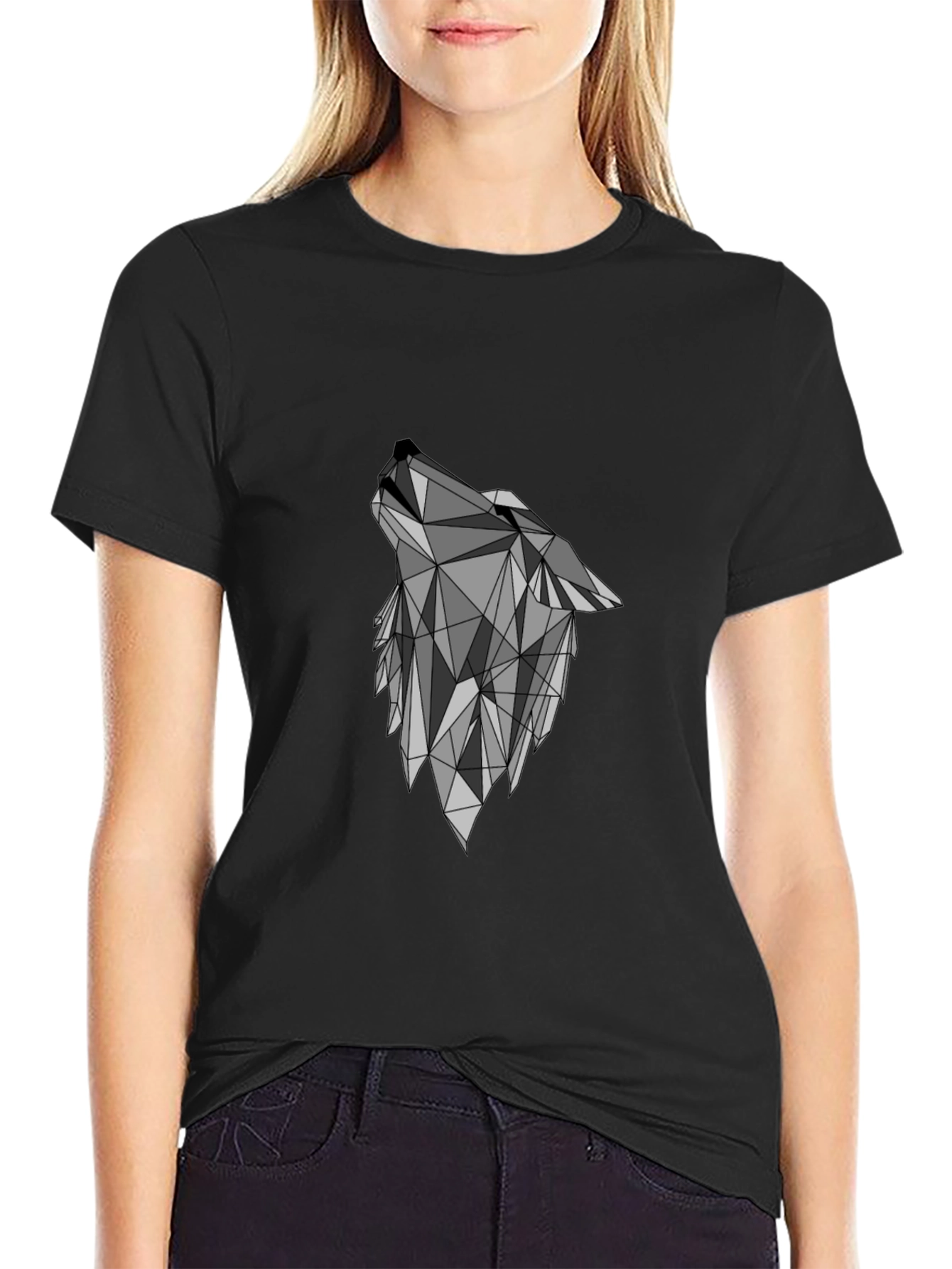 Geometric Wolf Graphic Black T-Shirt