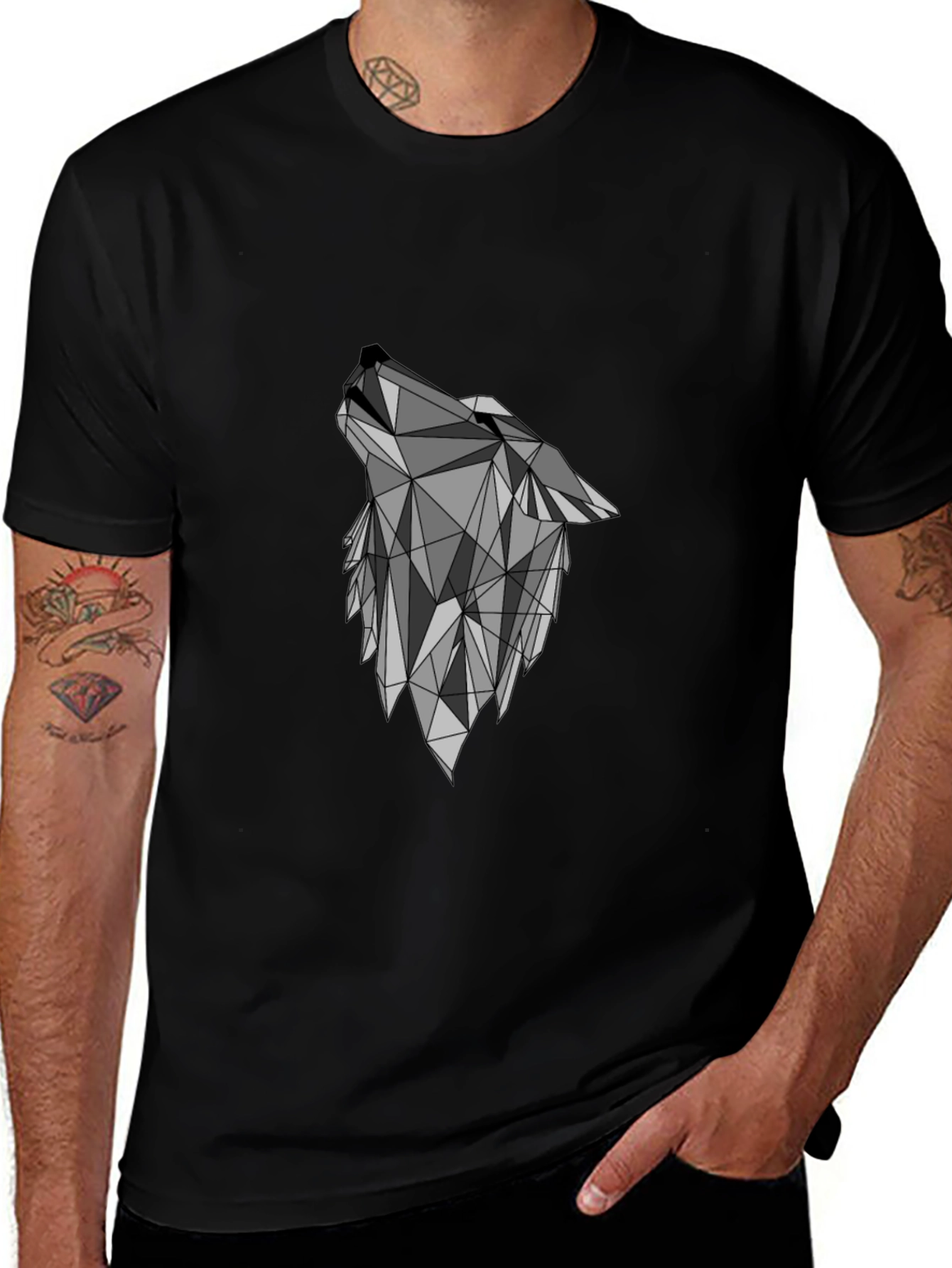 Geometric Wolf Graphic Black T-Shirt