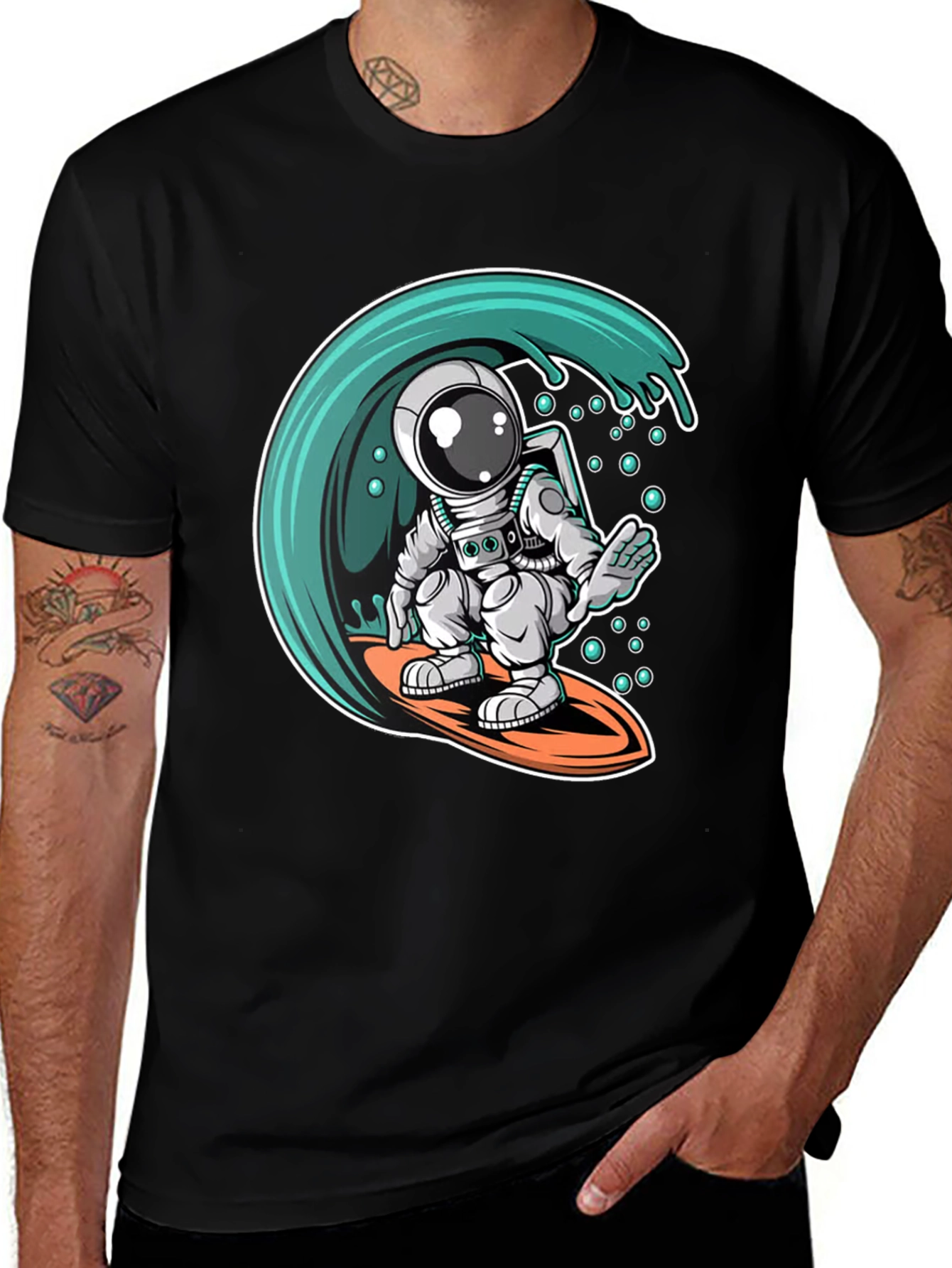Surfing Astronaut Graphic Tee - Black